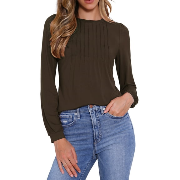 DARING DIVA Women's Pleated Trim Casual Long Sleeve Top XS Dark Brown