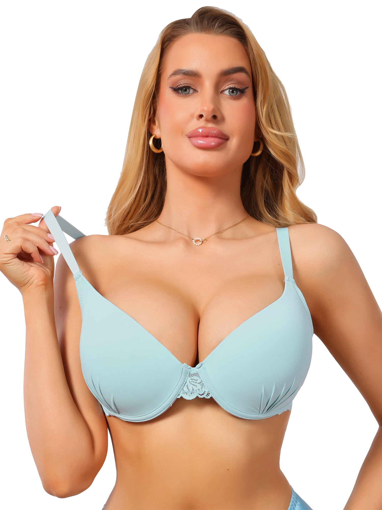 DARING DIVA Women's Plunge Push Up Underwire Lace Adjustable Straps Bra B 36 Blue