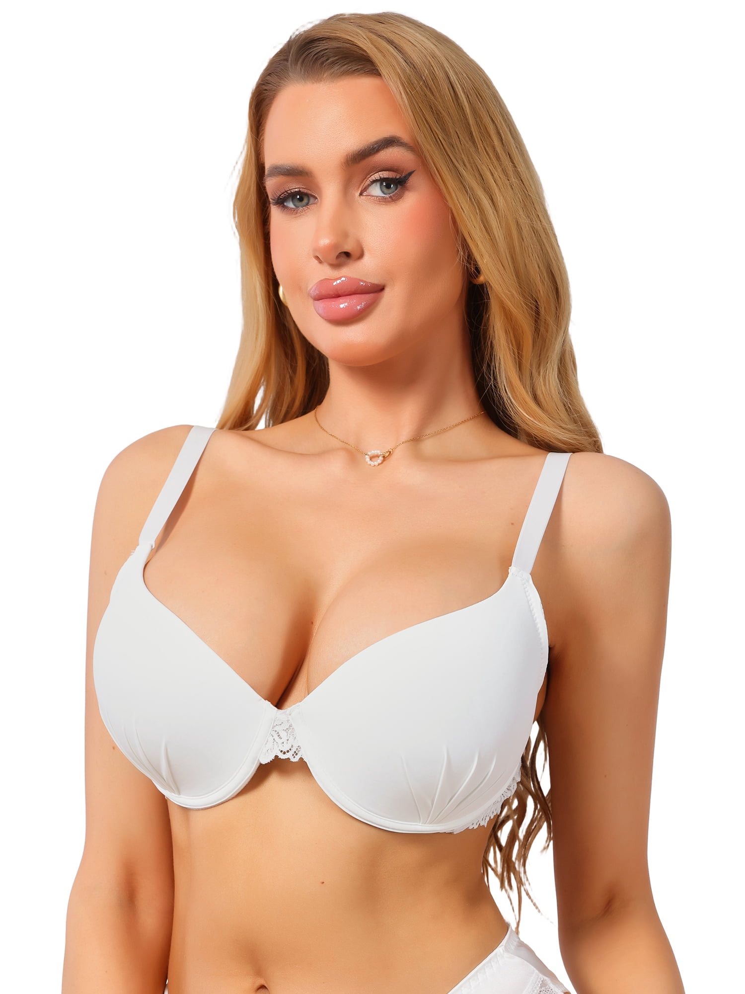 DARING DIVA Women's Plunge Push Up Underwire Lace Adjustable Straps Bra D 36 White