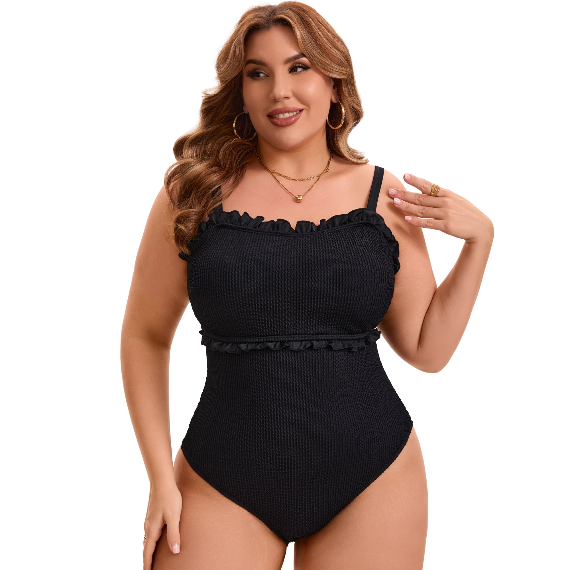 DARING DIVA Women's Plus 1 Pc Bathing Suit Ribbed Monikini Tummy Control 1X Black