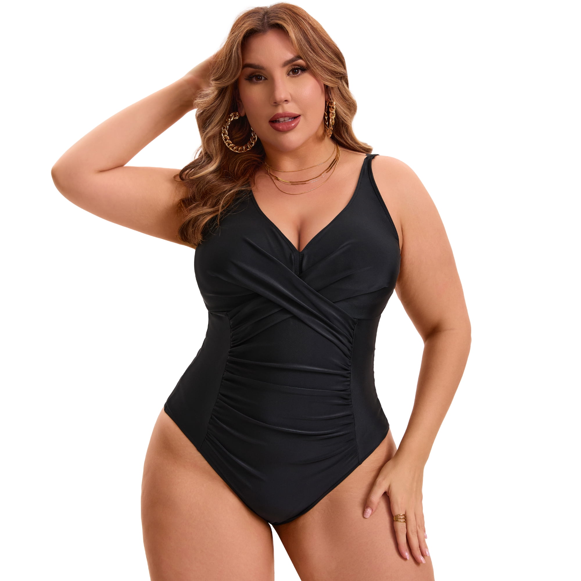 DARING DIVA Women's Plus 1 Pc Bathing Suit with Tummy Control and V-Neck 4X Black
