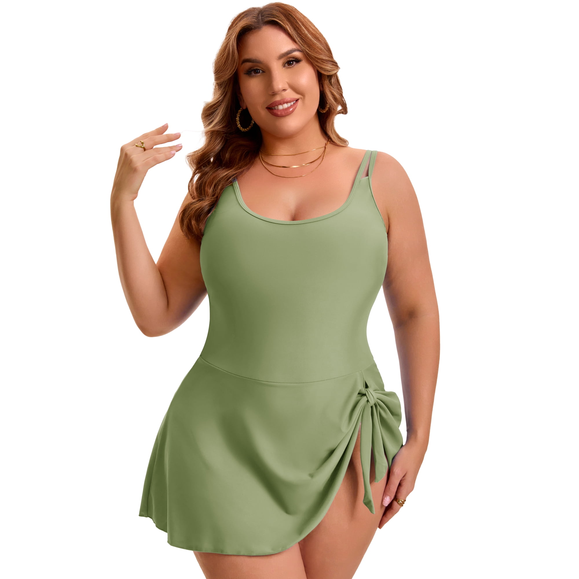 DARING DIVA Women's Plus 1 Piece Tummy Control Push Swimdress 2X Army Green