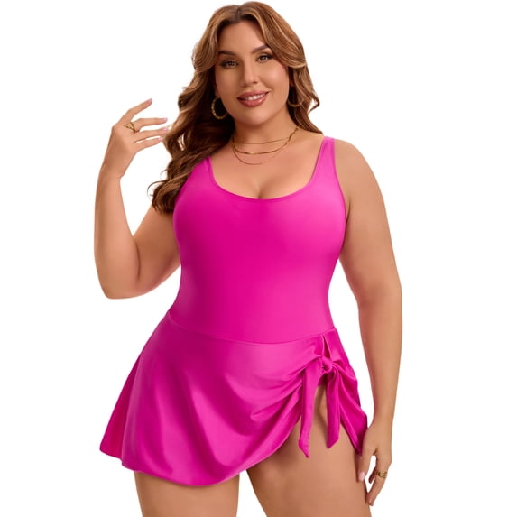 DARING DIVA Women's Plus 1 Pc Swimdress with Built-In Shorts 2X Rose Red