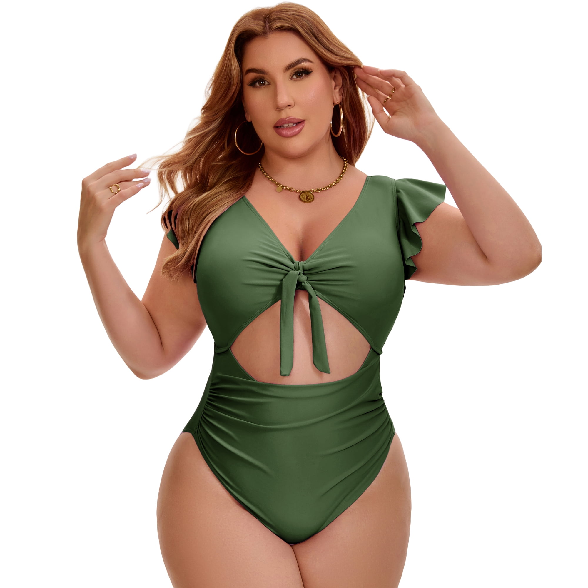DARING DIVA Women's Plus 1 Piece Bikini Bathing Cut Out Suit 2X Army Green
