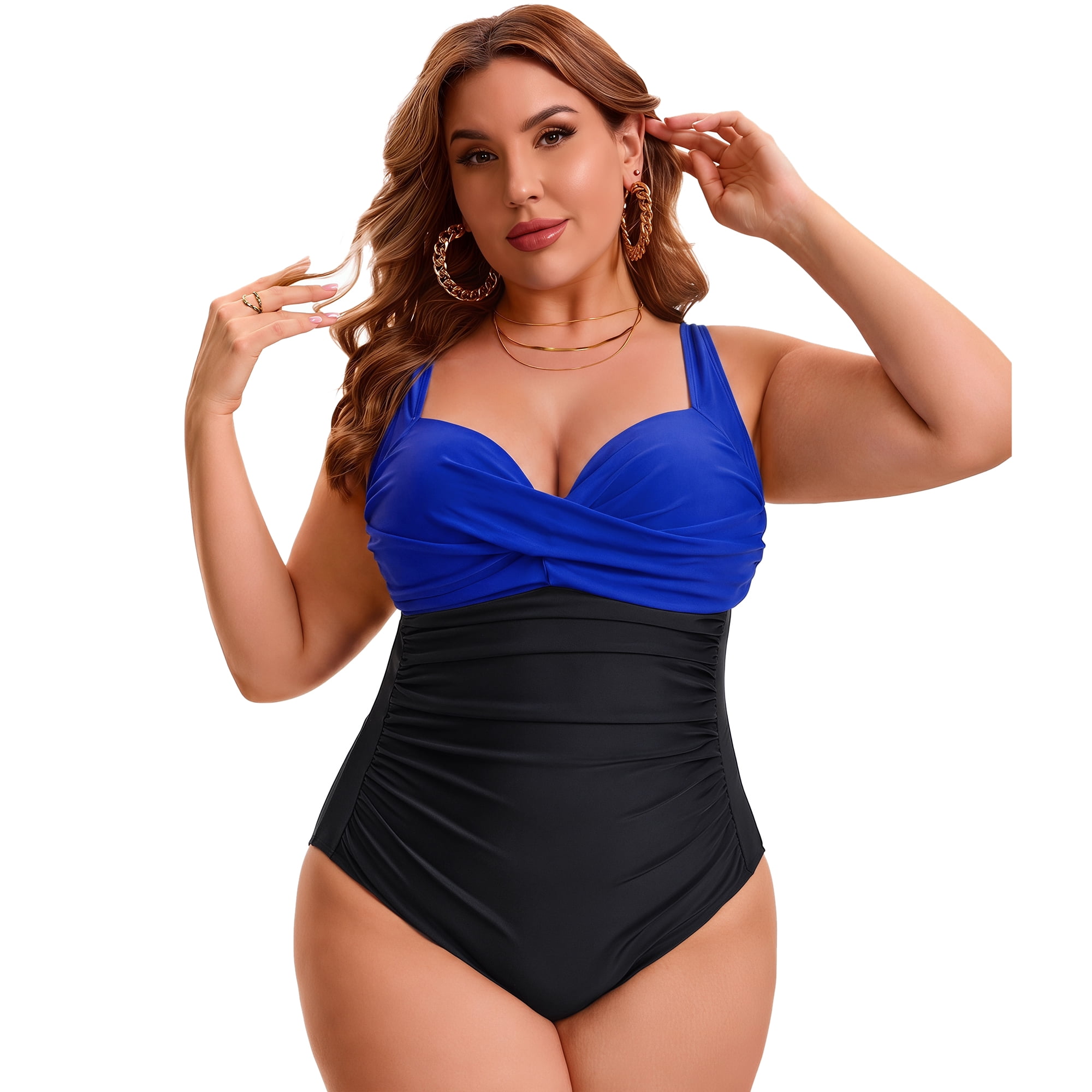 DARING DIVA Women's Plus 1 Piece Crisscross V-neck Swimsuit L Black Blue