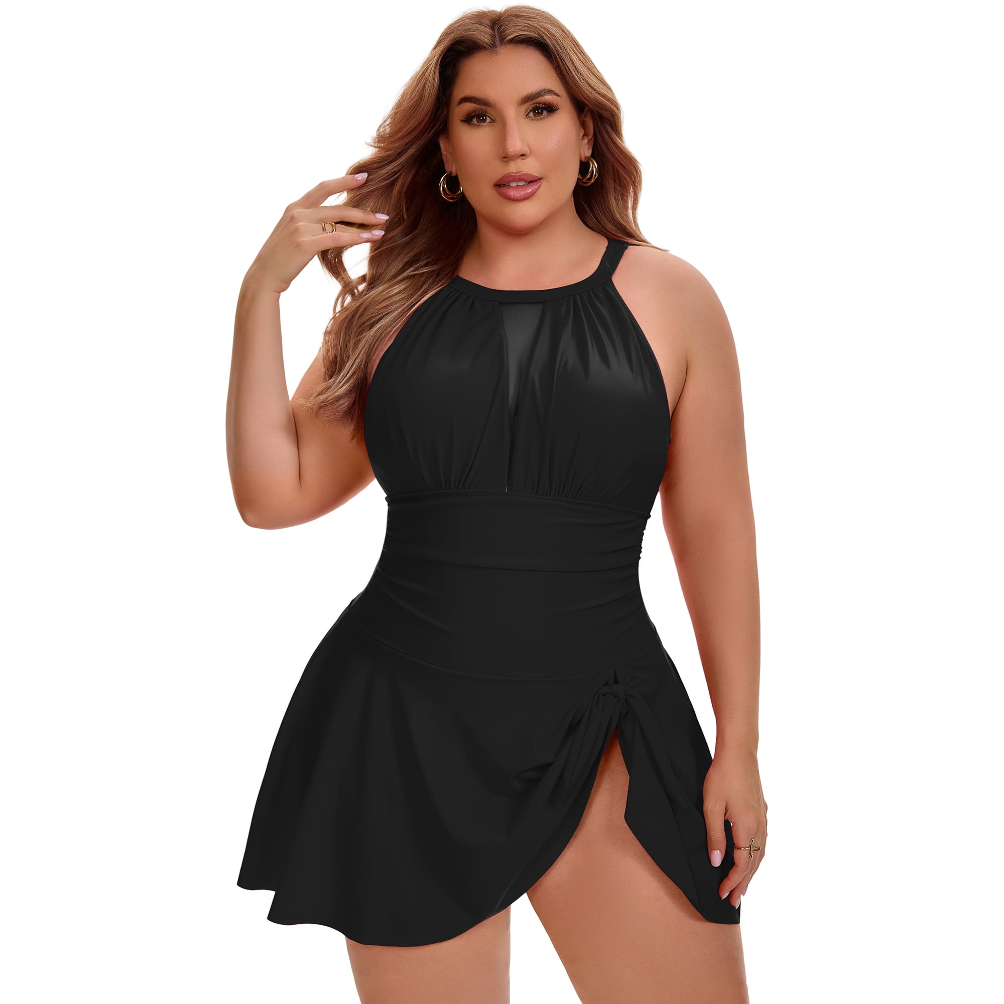 DARING DIVA Women's Plus 1 Piece Halter Mesh Sheer Tie Swimwear 2X Black