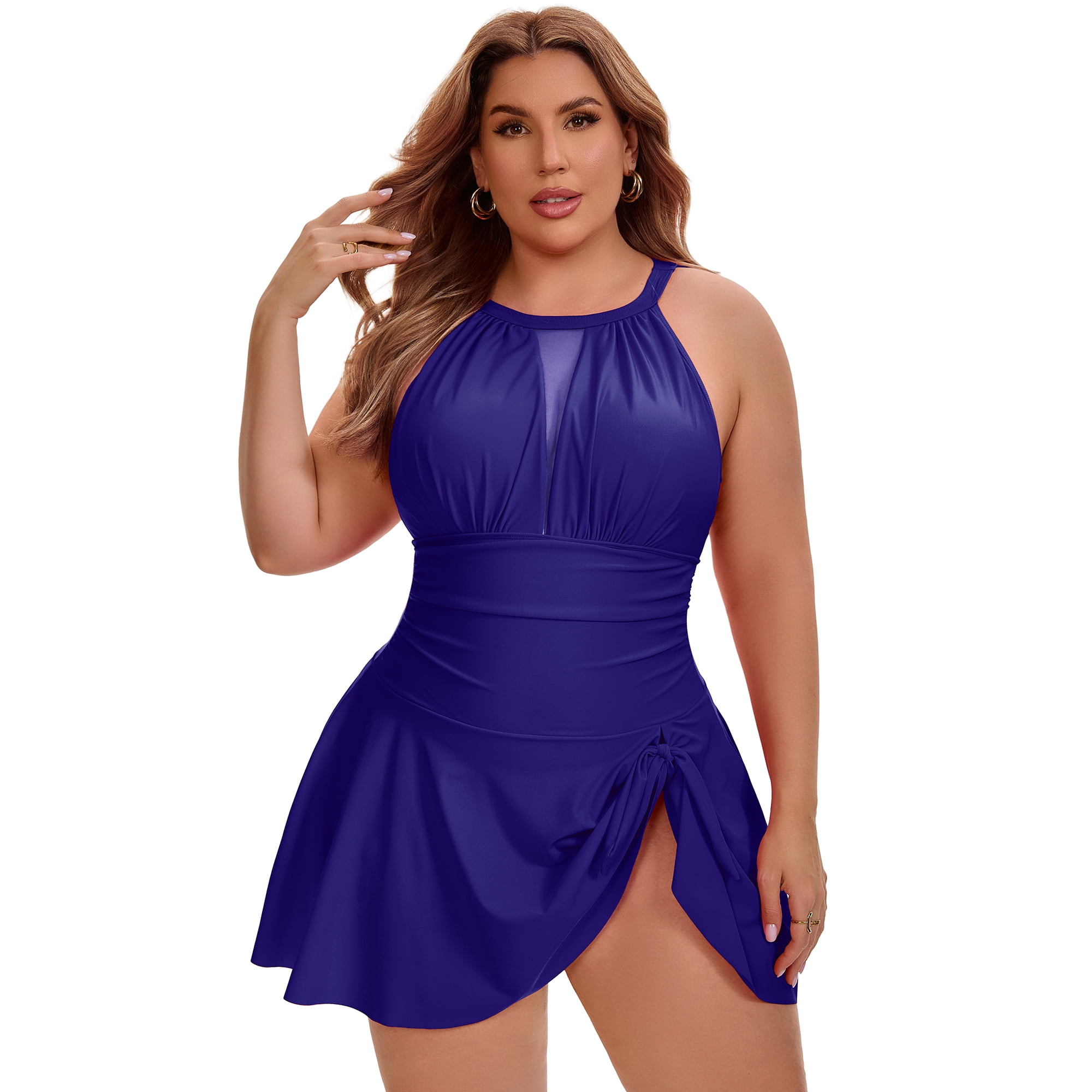 DARING DIVA Women's Plus 1 Piece Halter Mesh Sheer Tie Swimwear 3X Navy Blue