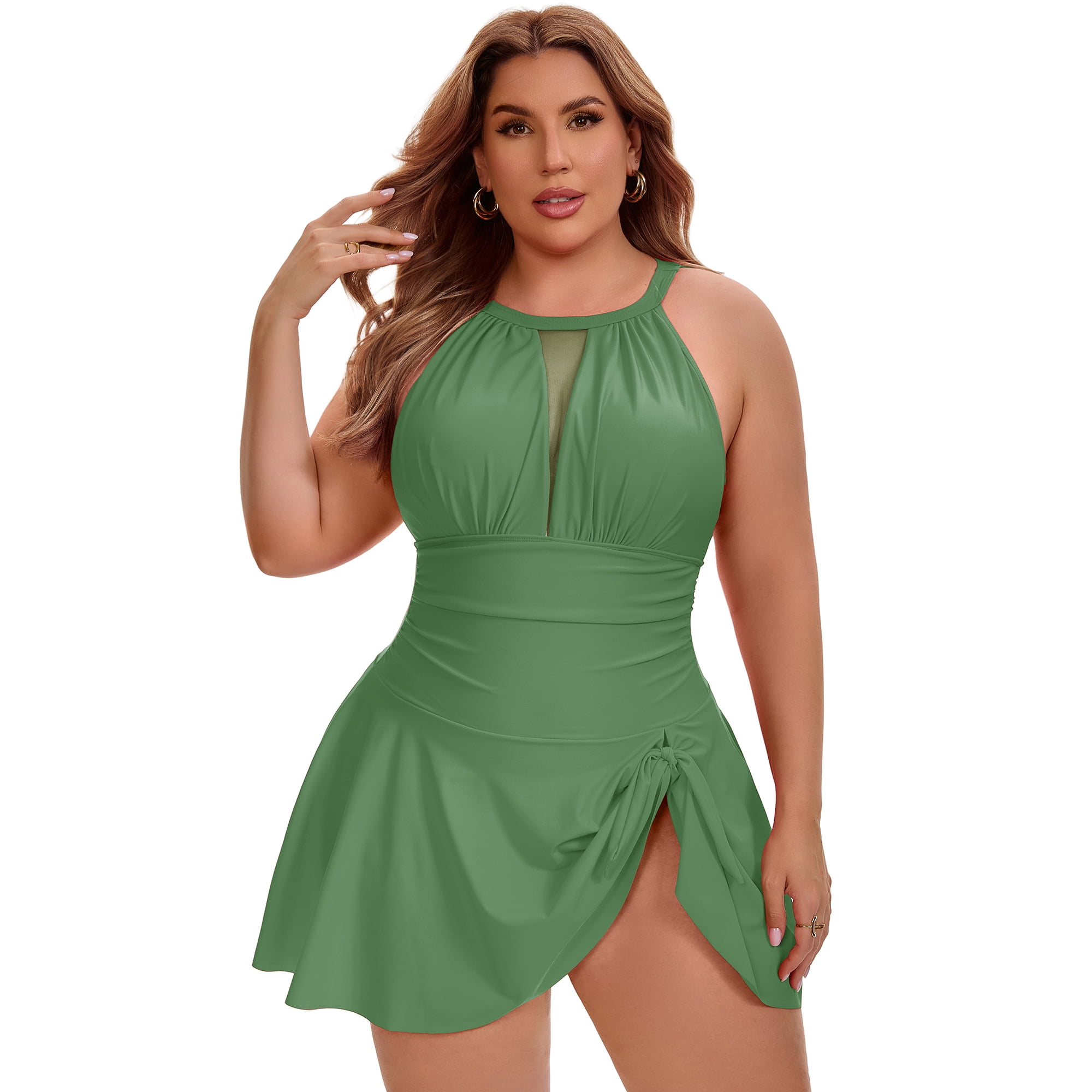 DARING DIVA Women's Plus 1 Piece Halter Mesh Sheer Tie Swimwear L Army Green