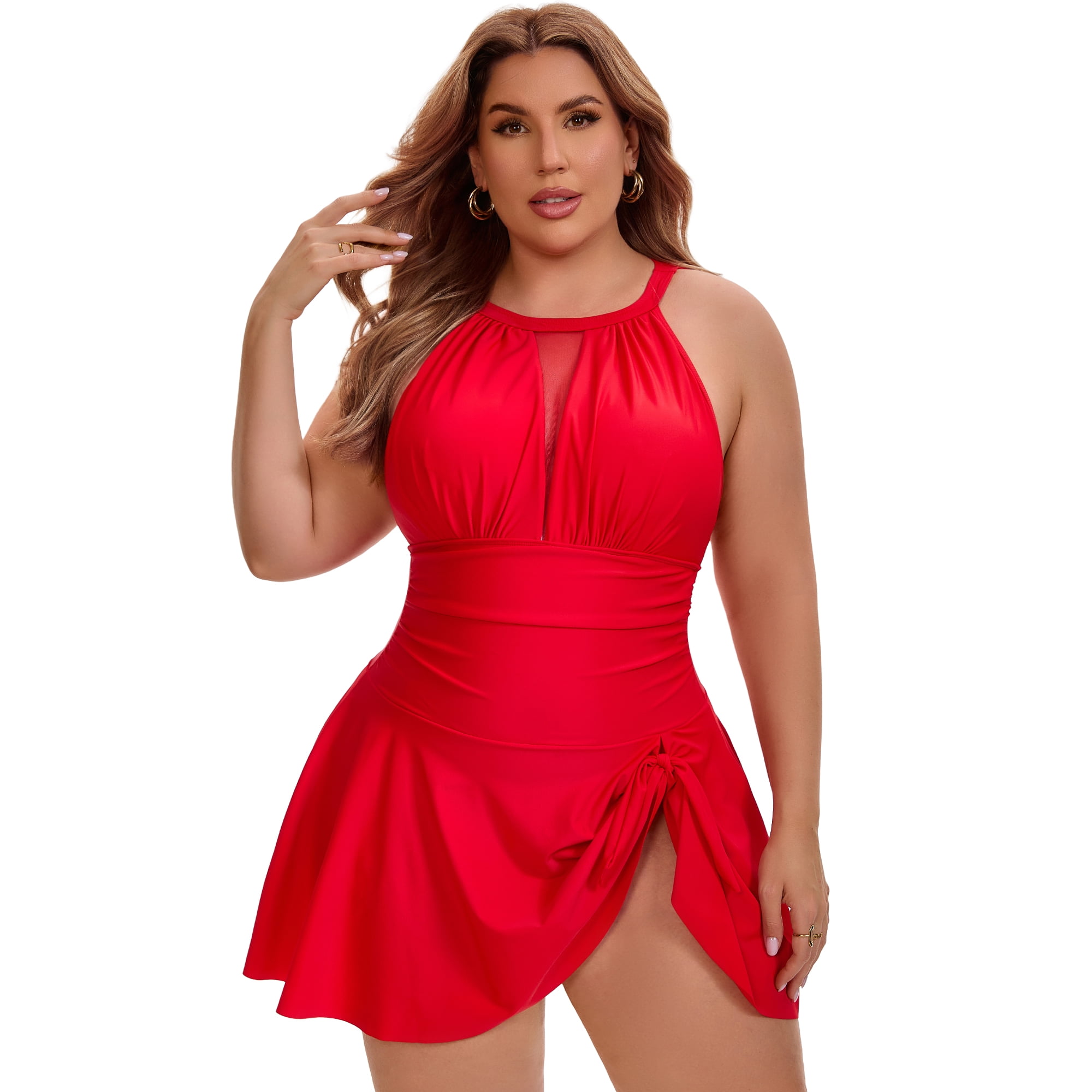 DARING DIVA Women's Plus 1 Piece Halter Mesh Sheer Tie Swimwear L Red