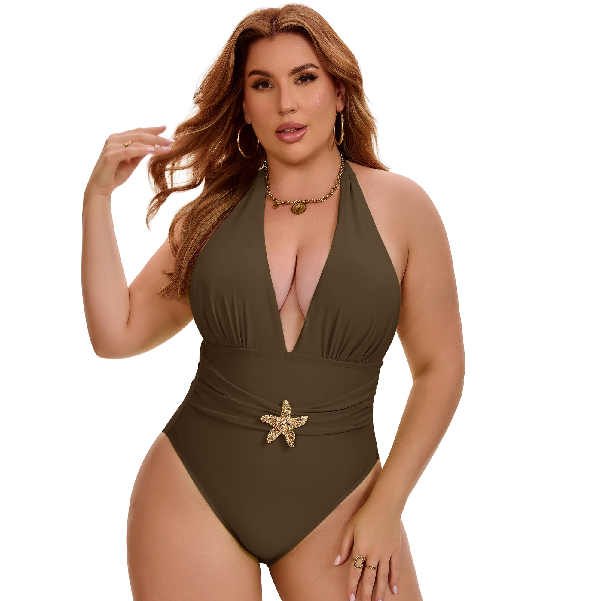 DARING DIVA Women's Plus 1 Piece Halter Tummy Control Swimwear 3X Brown