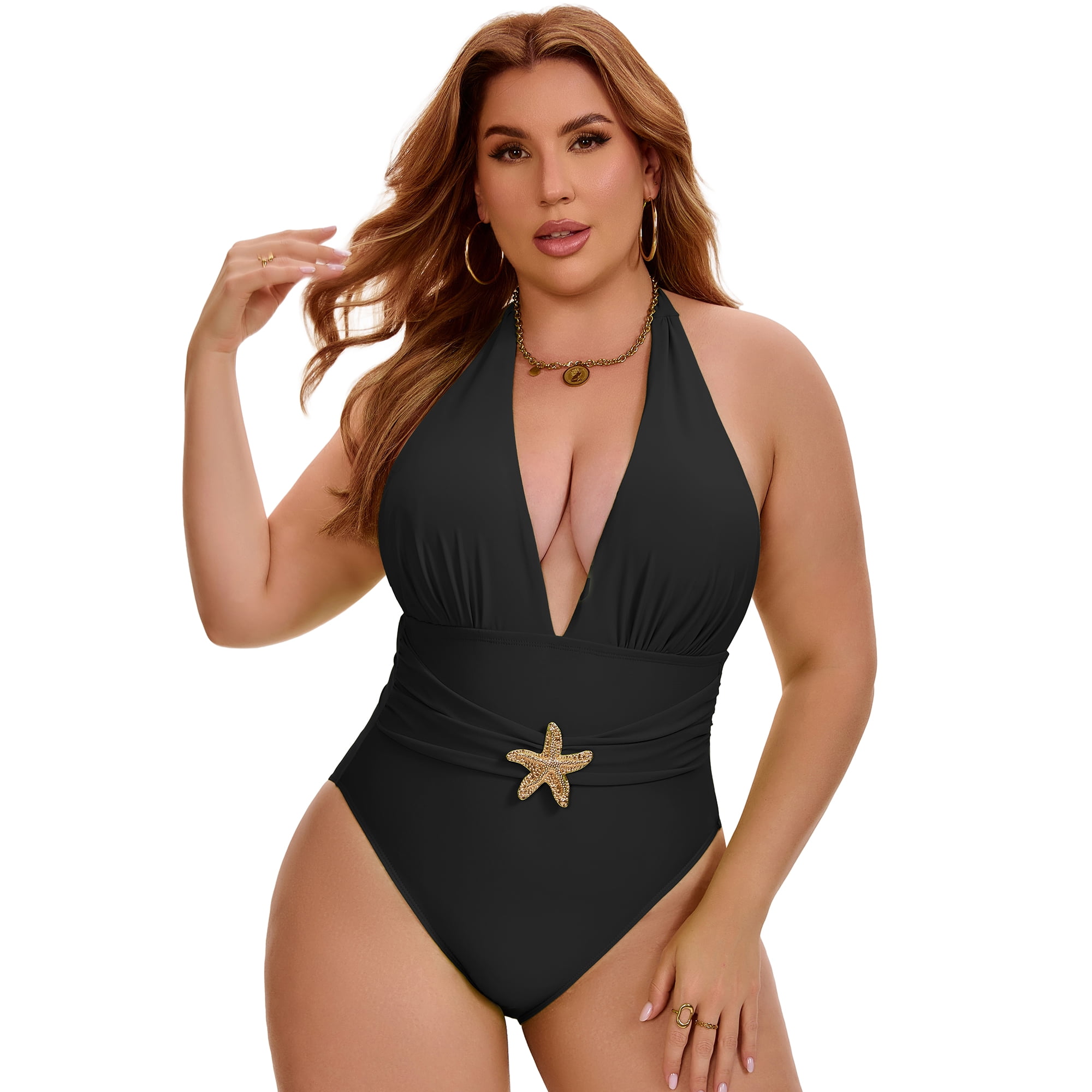 DARING DIVA Women's Plus 1 Piece Halter Tummy Control Swimwear 4X Black
