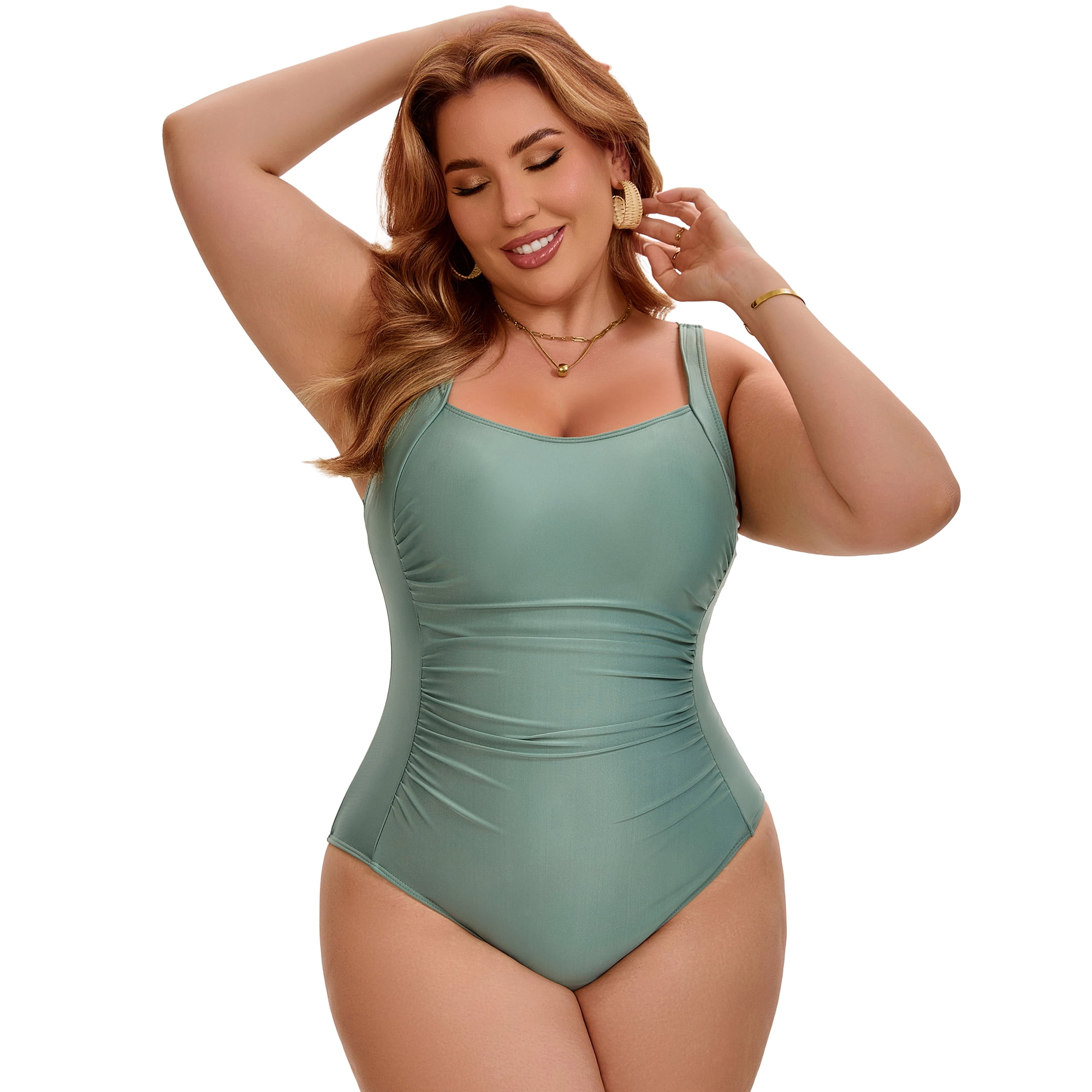 DARING DIVA Women's Plus 1 Piece Push Up Tummy Control Swimsuit 5X Green
