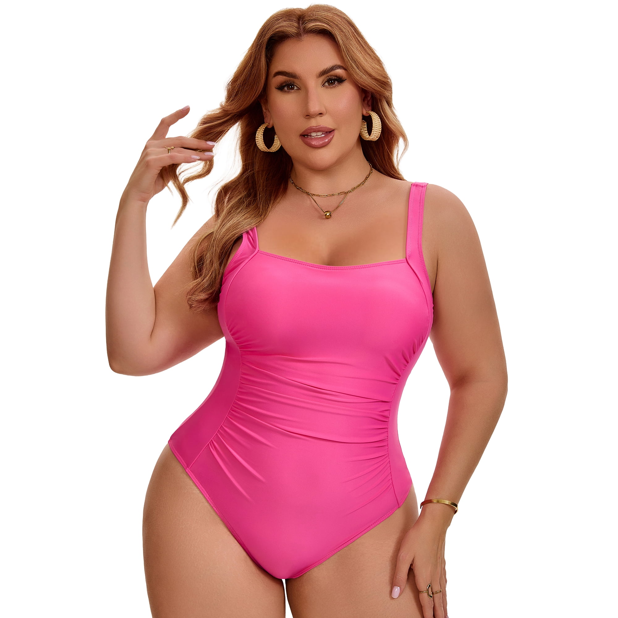 DARING DIVA Women's Plus 1 Piece Push Up Tummy Control Swimsuit L Hot Pink