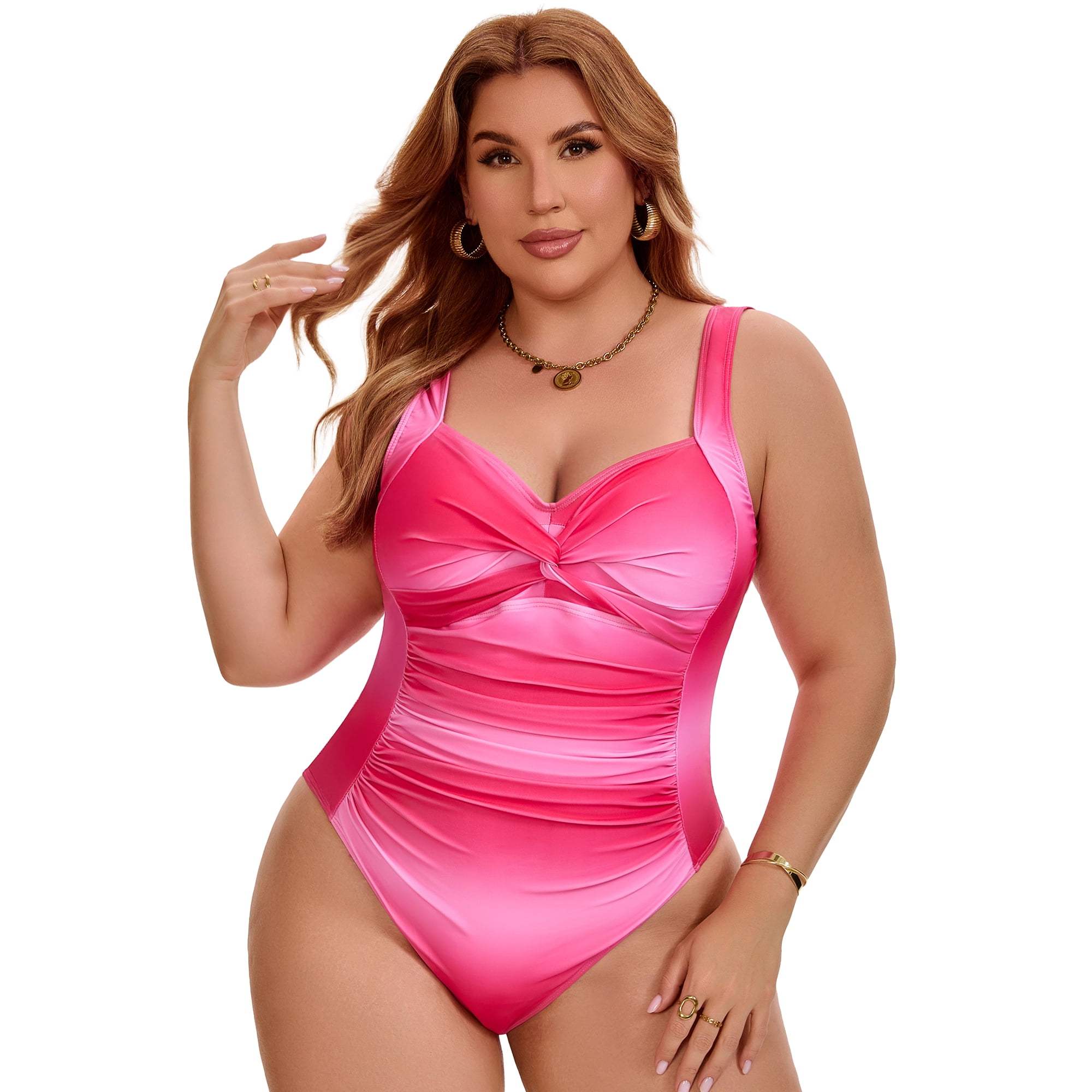 DARING DIVA Women's Plus 1 Piece Push Up Tummy Control Swimsuits L Hot Pink