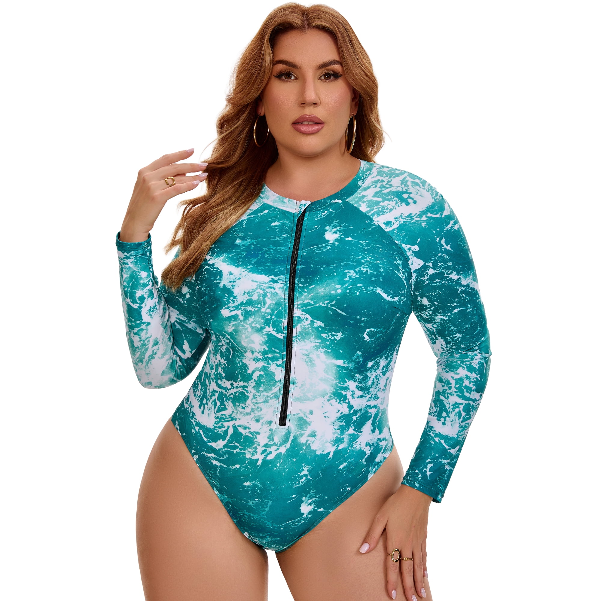 DARING DIVA Women's Plus 1 Piece Surfing Long Sleeve Swimwear 2X Green