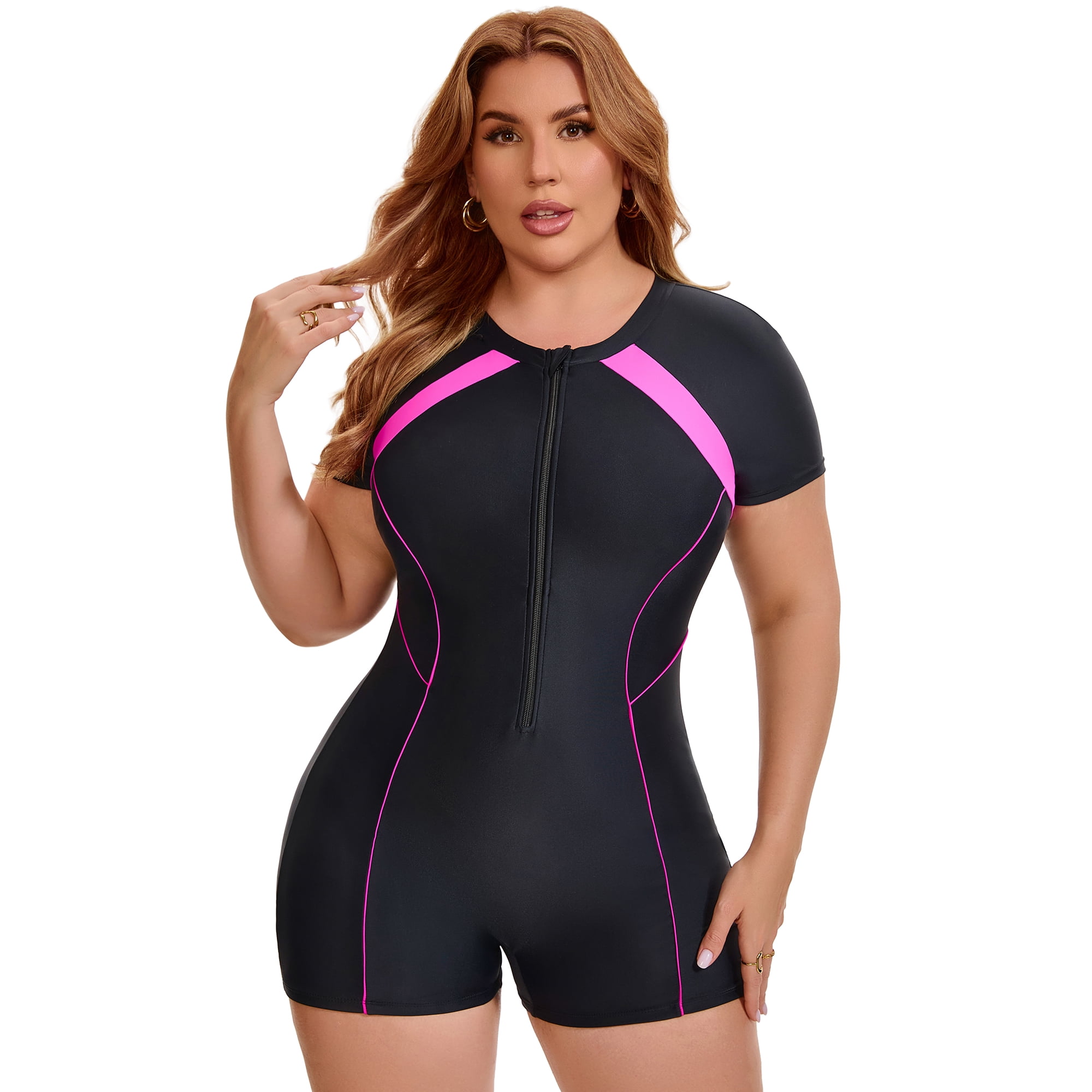 DARING DIVA Women's Plus 1 Piece Surfing with Short Swimwear 1X Black Fuchsia