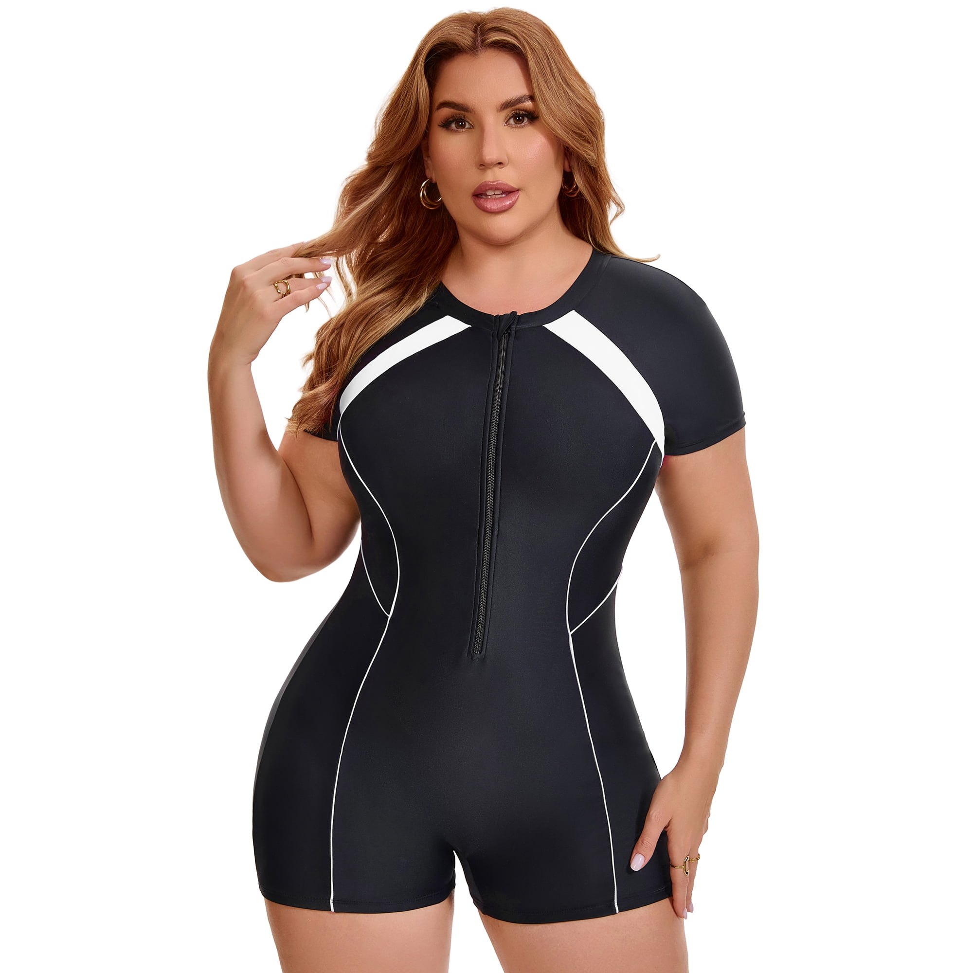 DARING DIVA Women's Plus 1 Piece Surfing with Short Swimwear 2X Black White