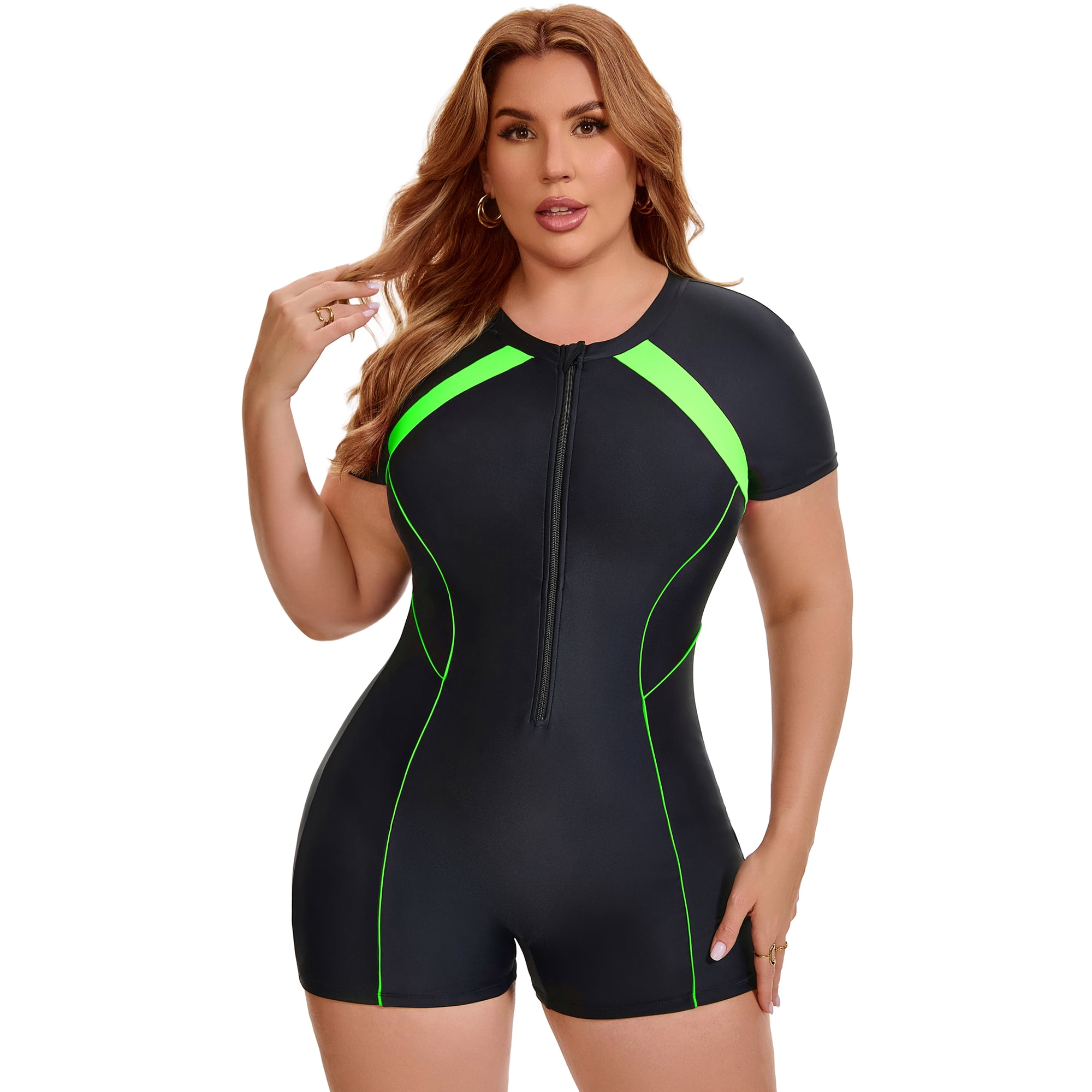 DARING DIVA Women's Plus 1 Piece Surfing with Short Swimwear 3X Black Green