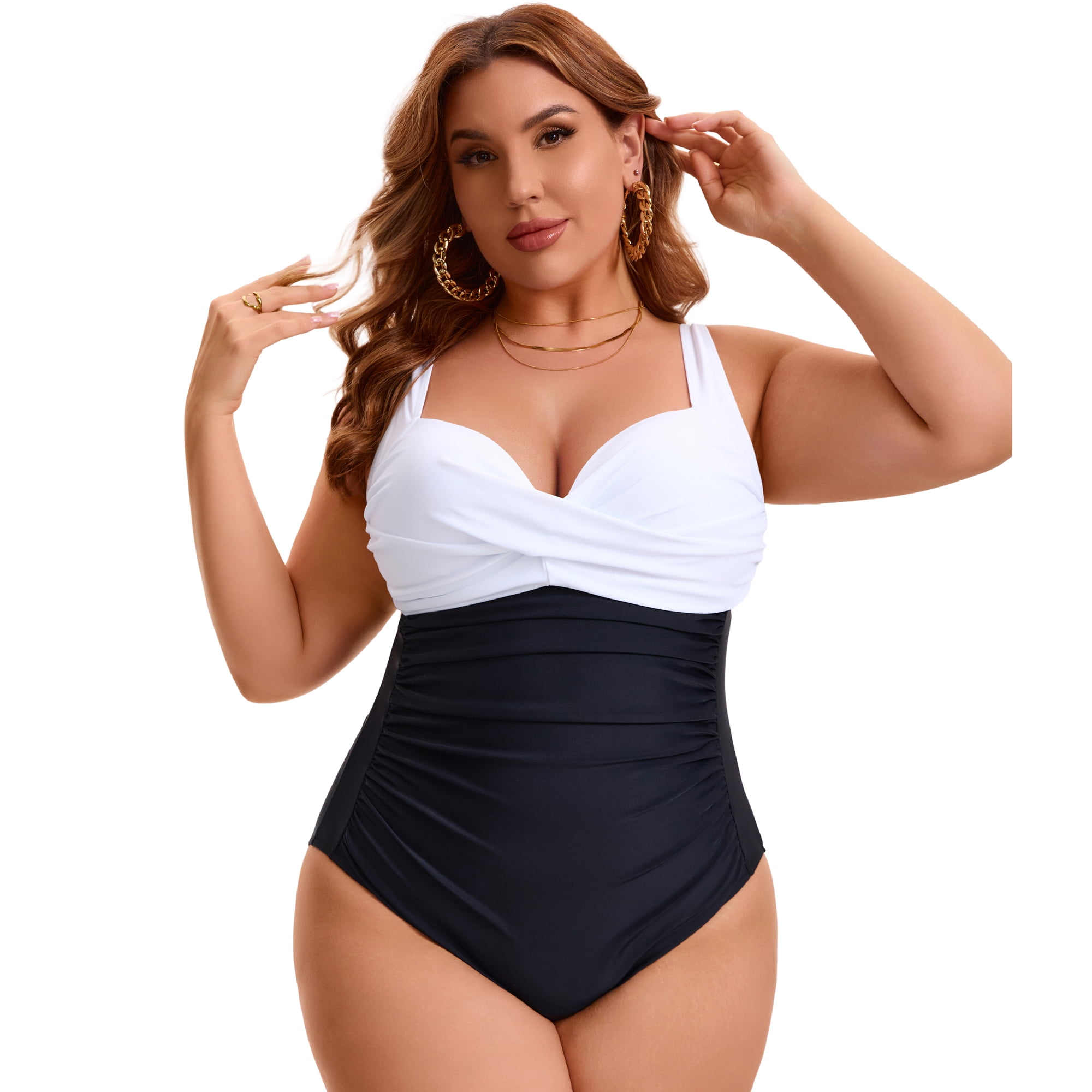 DARING DIVA Women's Plus 1 Piece Crisscross V-neck Swimsuit 3X Black White
