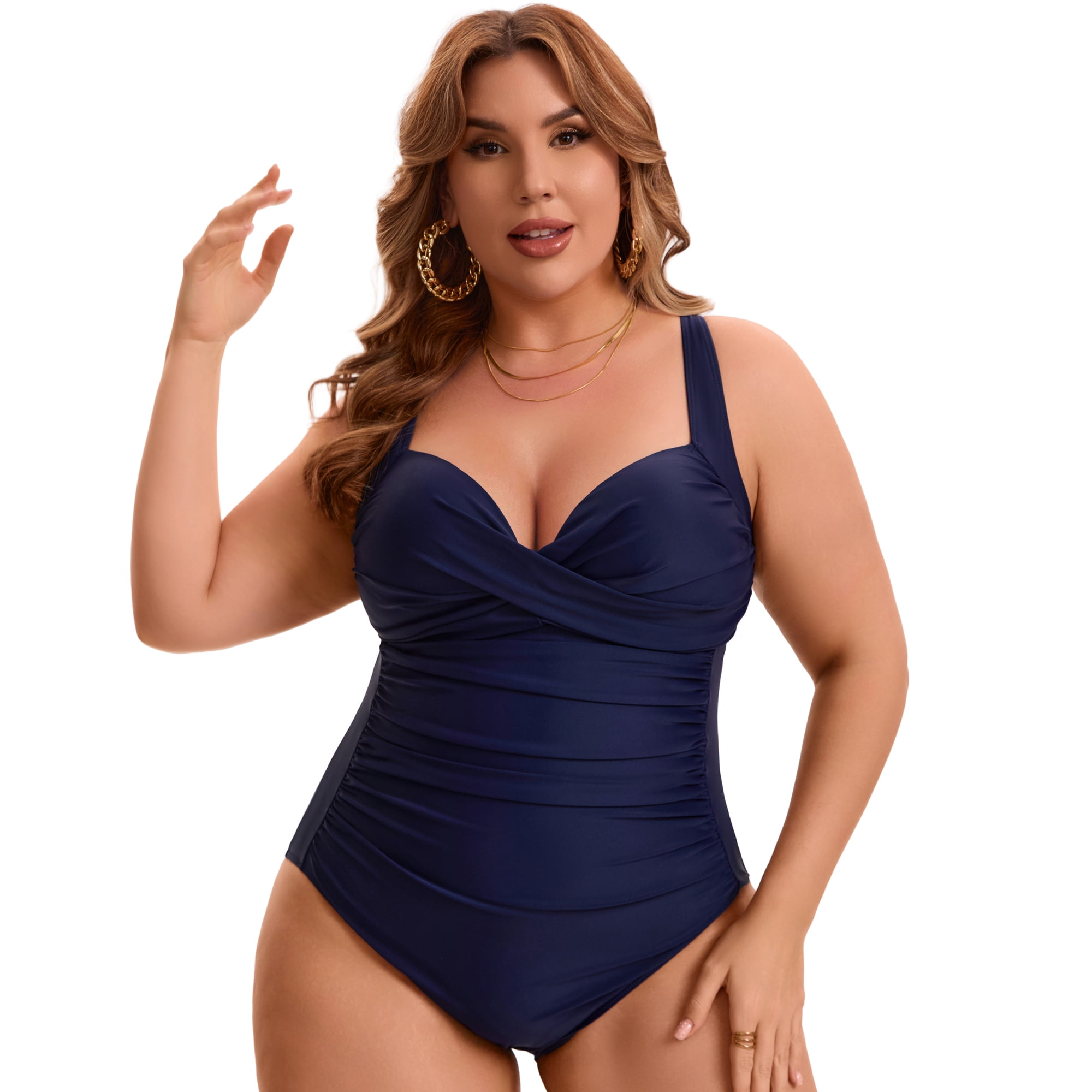 DARING DIVA Women's Plus 1 Piece Crisscross V-neck Swimsuit L Navy Blue