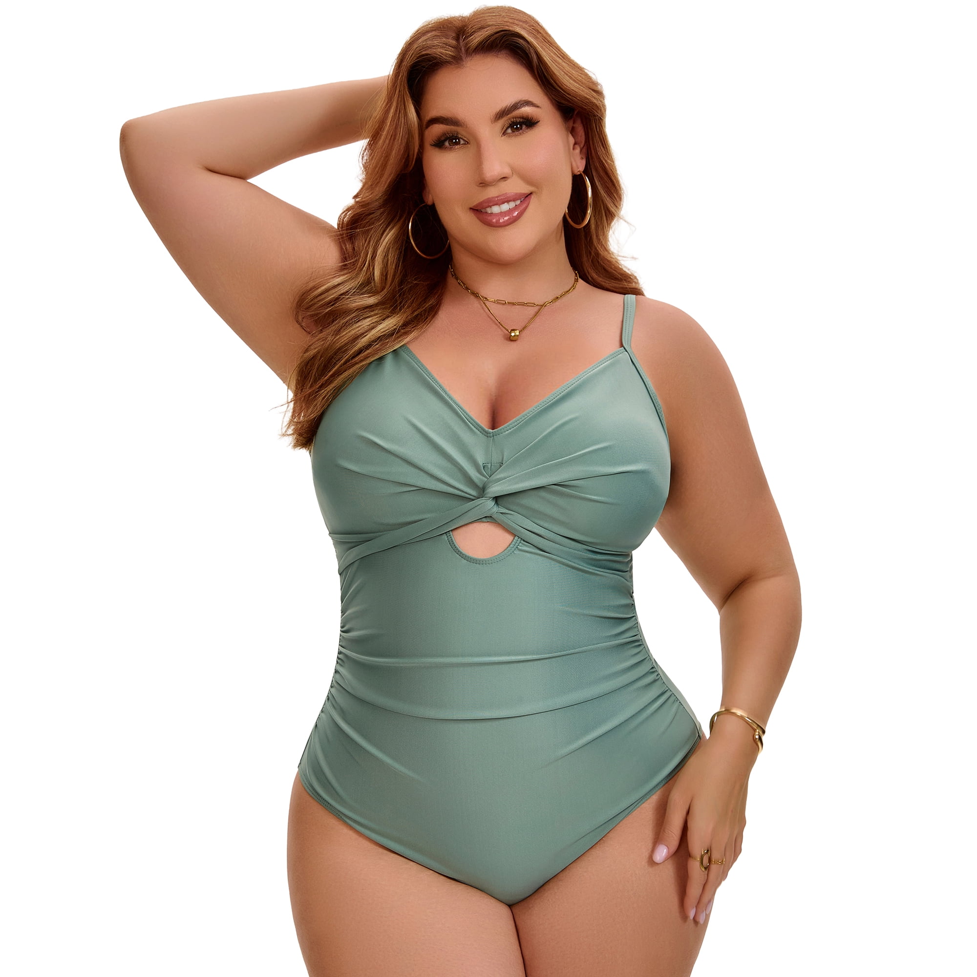 DARING DIVA Women's Plus 1 Piece Tummy Control Cutout High Swimsuit 5X Army Green