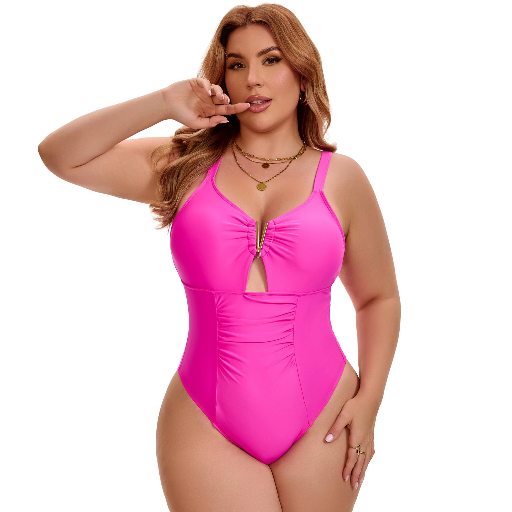 DARING DIVA Women's Plus 1 Piece V-Wire Cutout Push Swimsuit 4X Hot Pink