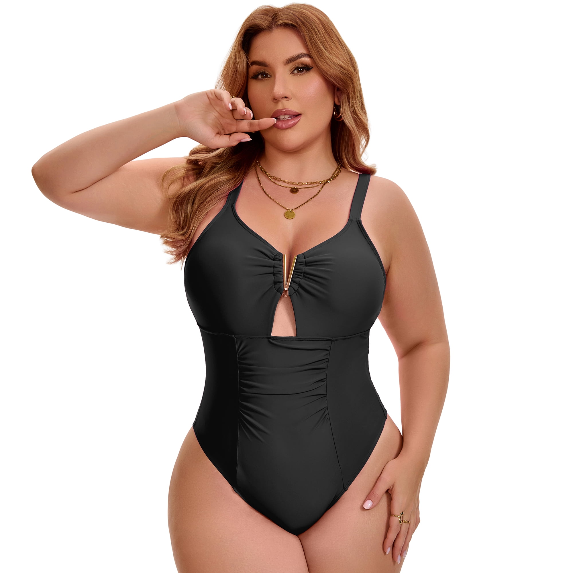 DARING DIVA Women's Plus 1 Piece V-Wire Cutout Push Swimsuit L Black