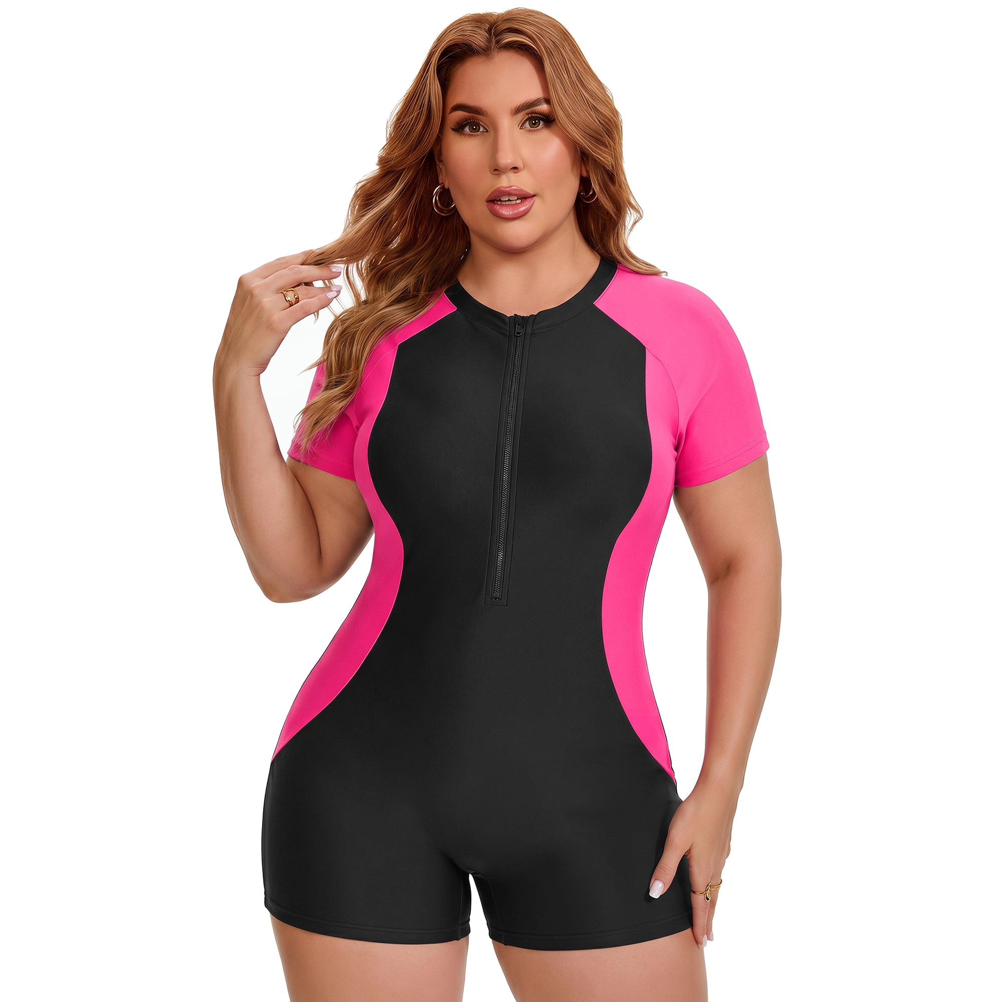 DARING DIVA Women's Plus 1 Piece Zip Front Short Sleeve Swimsuit 2X Black Pick