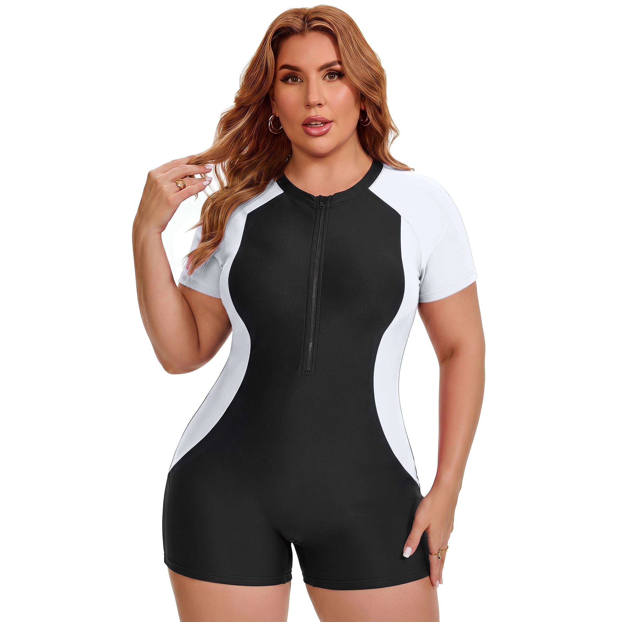 DARING DIVA Women's Plus 1 Piece Zip Front Short Sleeve Swimsuit 2X Black White
