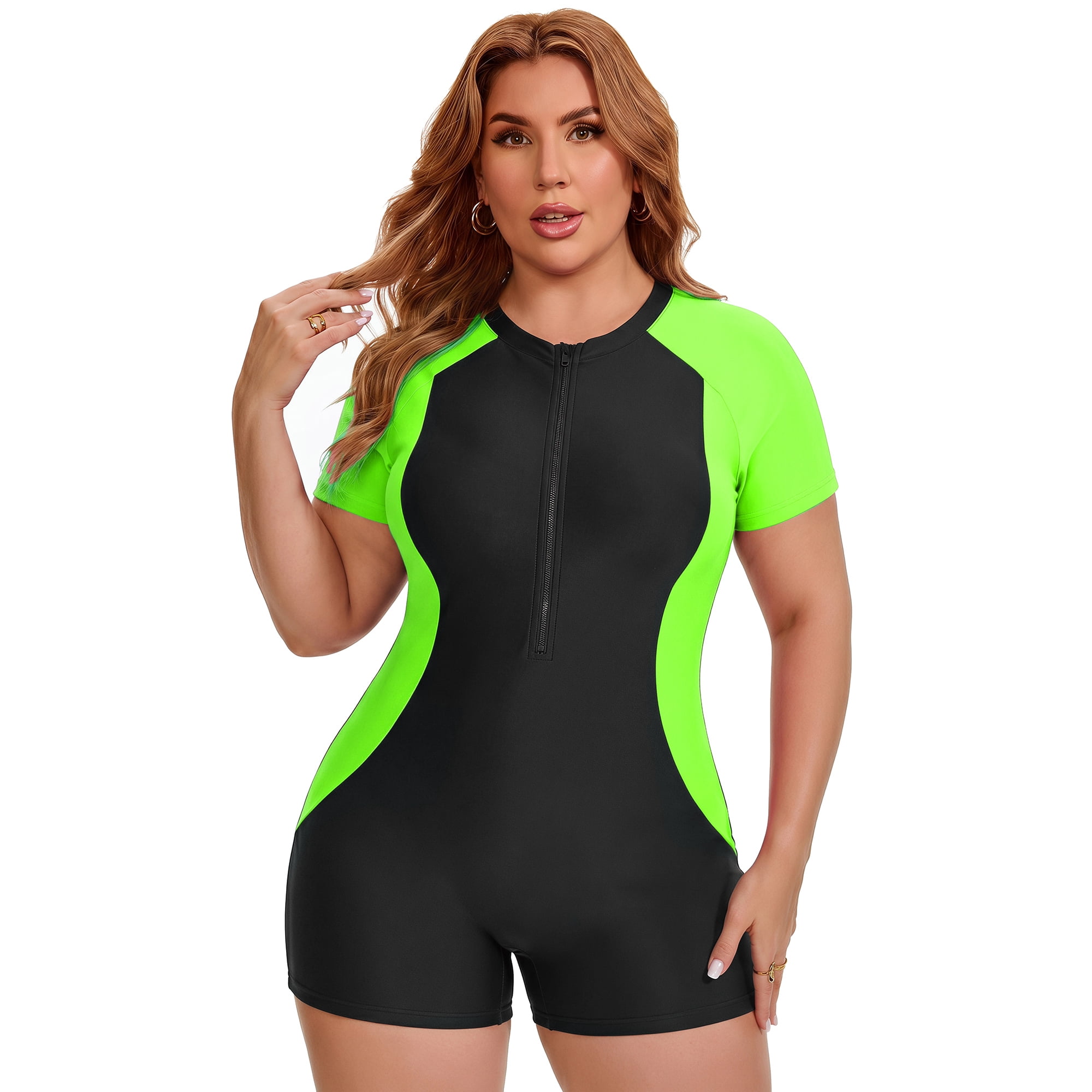 DARING DIVA Women's Plus 1 Piece Zip Front Short Sleeve Swimsuit 5X Black Green