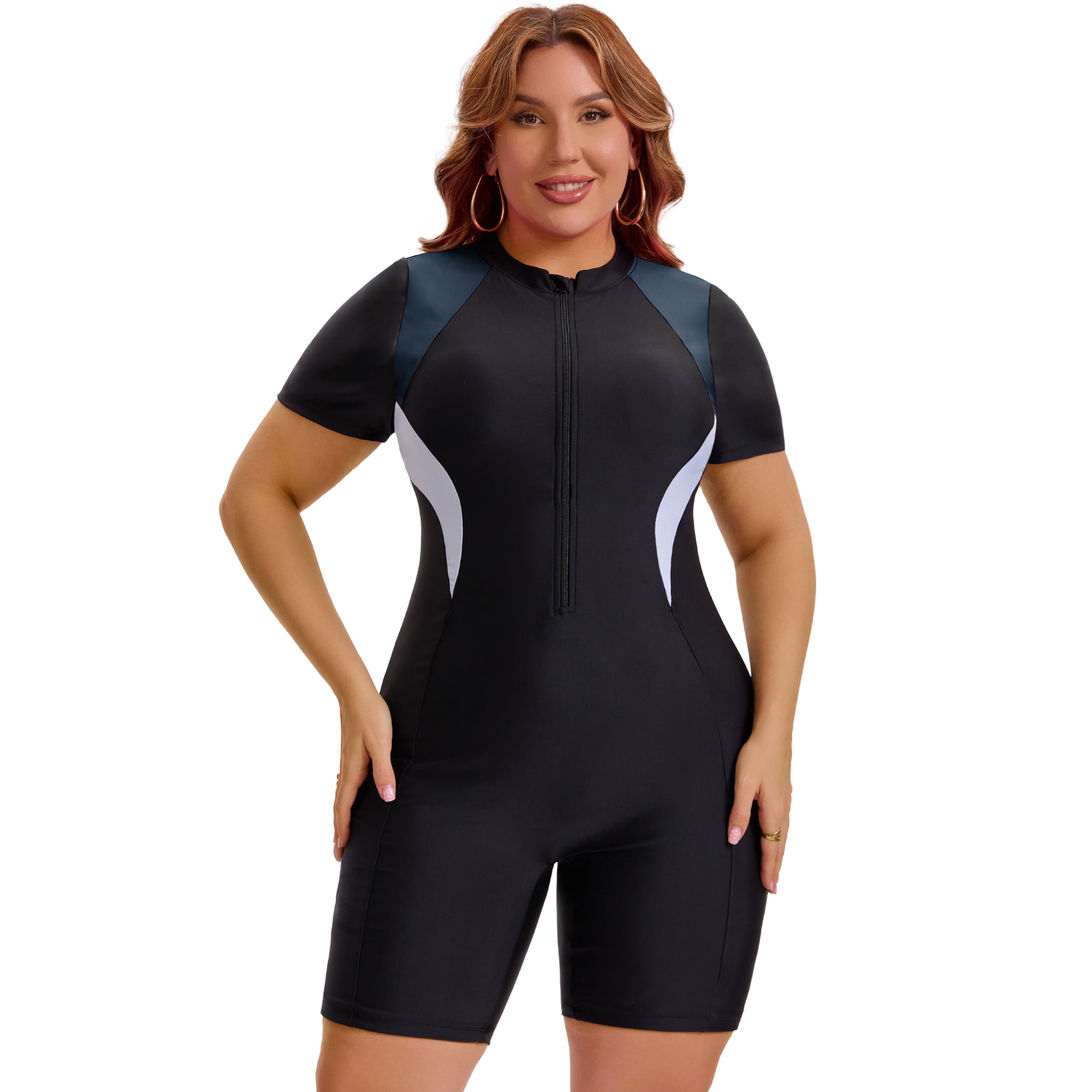 DARING DIVA Women's Plus 1pc Bathing Suit with Short Sleeves and Zipper 2X Black