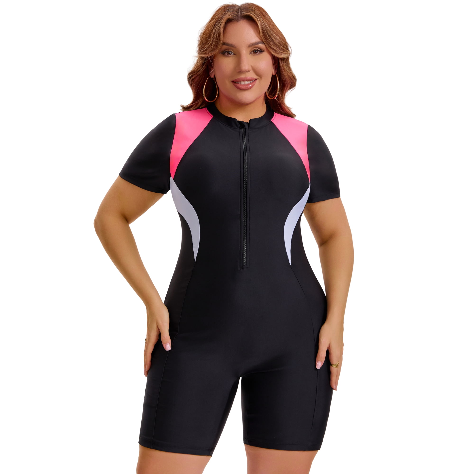 DARING DIVA Women's Plus 1pc Bathing Suit with Short Sleeves and Zipper L Pink