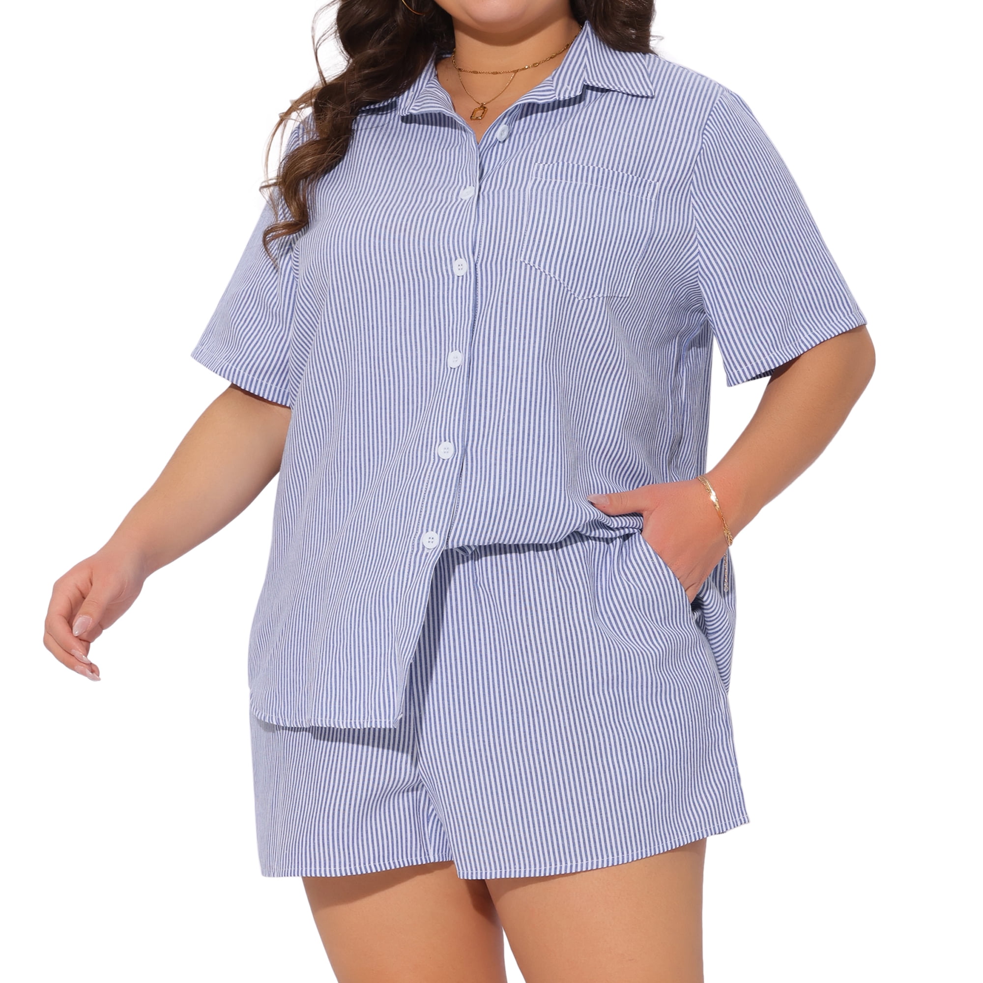 DARING DIVA Women's Plus 2 Pcs Striped Button Down Outfit Short Sets 1X Blue and White