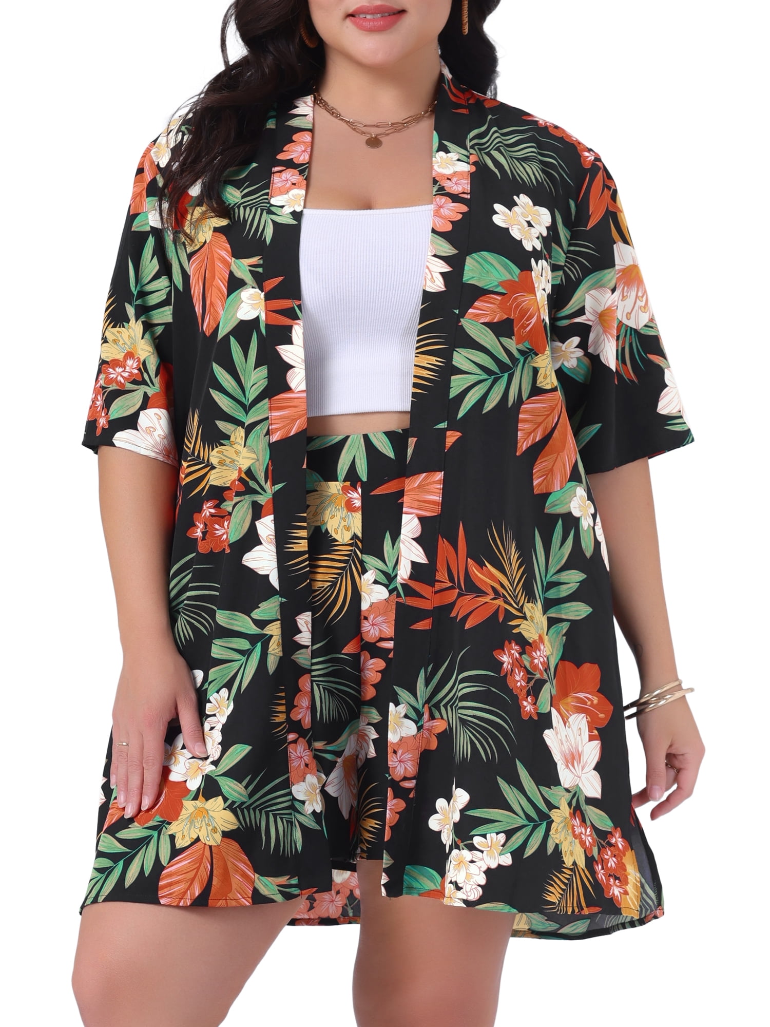 DARING DIVA Women's Plus 2 Pcs Tropical Kimono Floral Tops and Shorts Set Black 4X