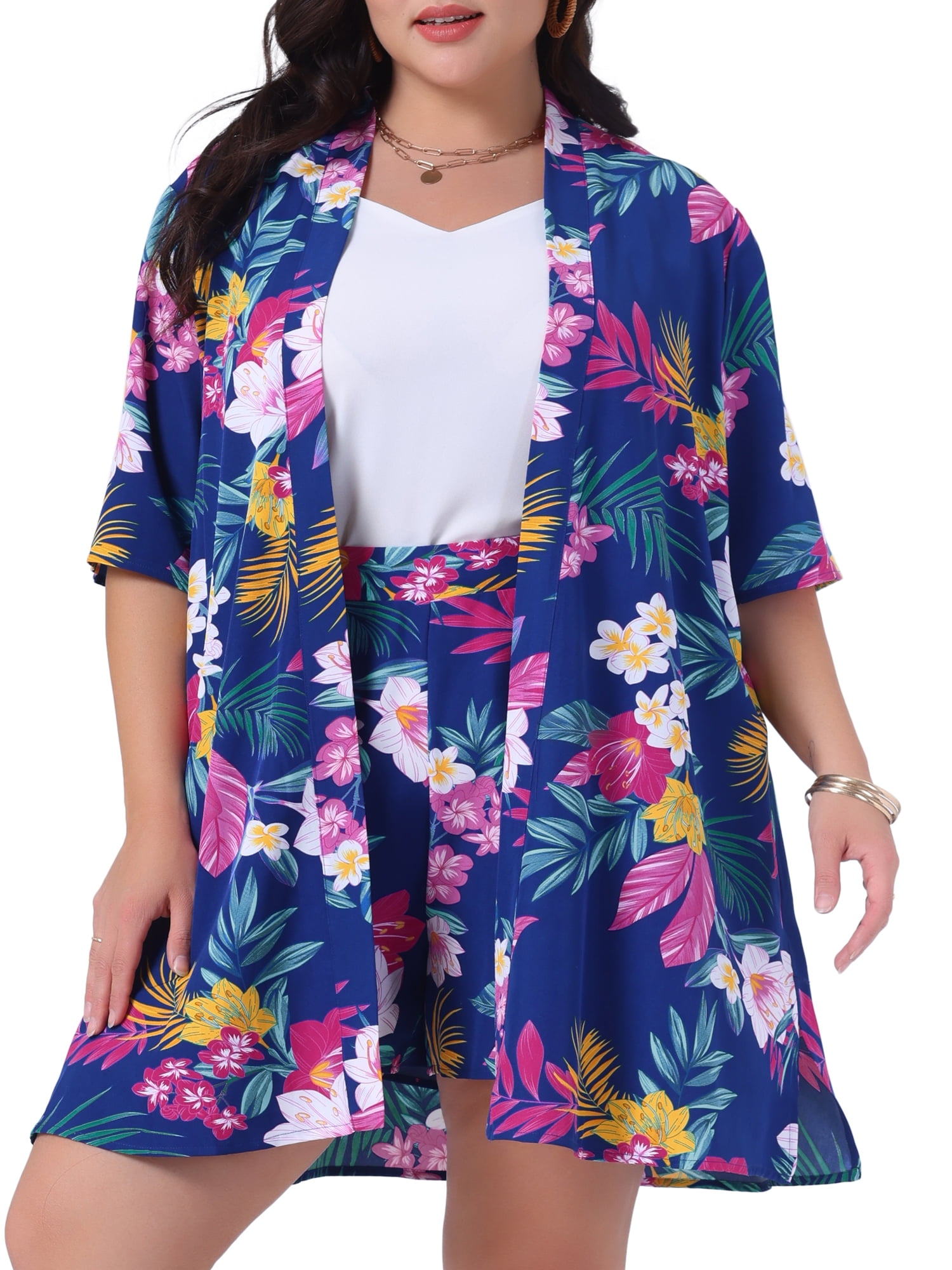 DARING DIVA Women's Plus 2 Pcs Tropical Kimono Floral Tops and Shorts Set Dark Blue 3X