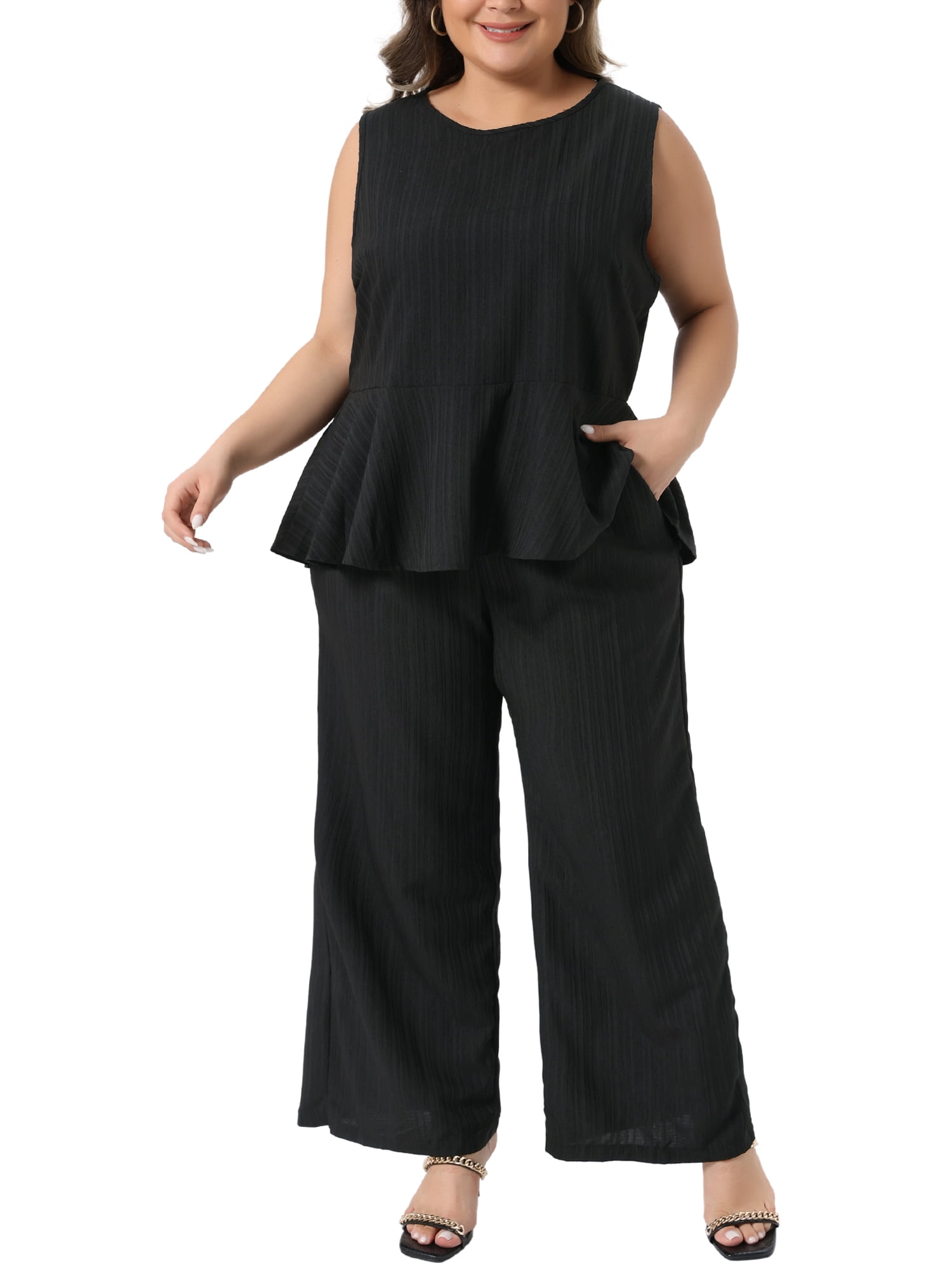 DARING DIVA Women's Plus 2 Piece Outfits Round Neck Peplum Ruffle Tank Tops 3X Black