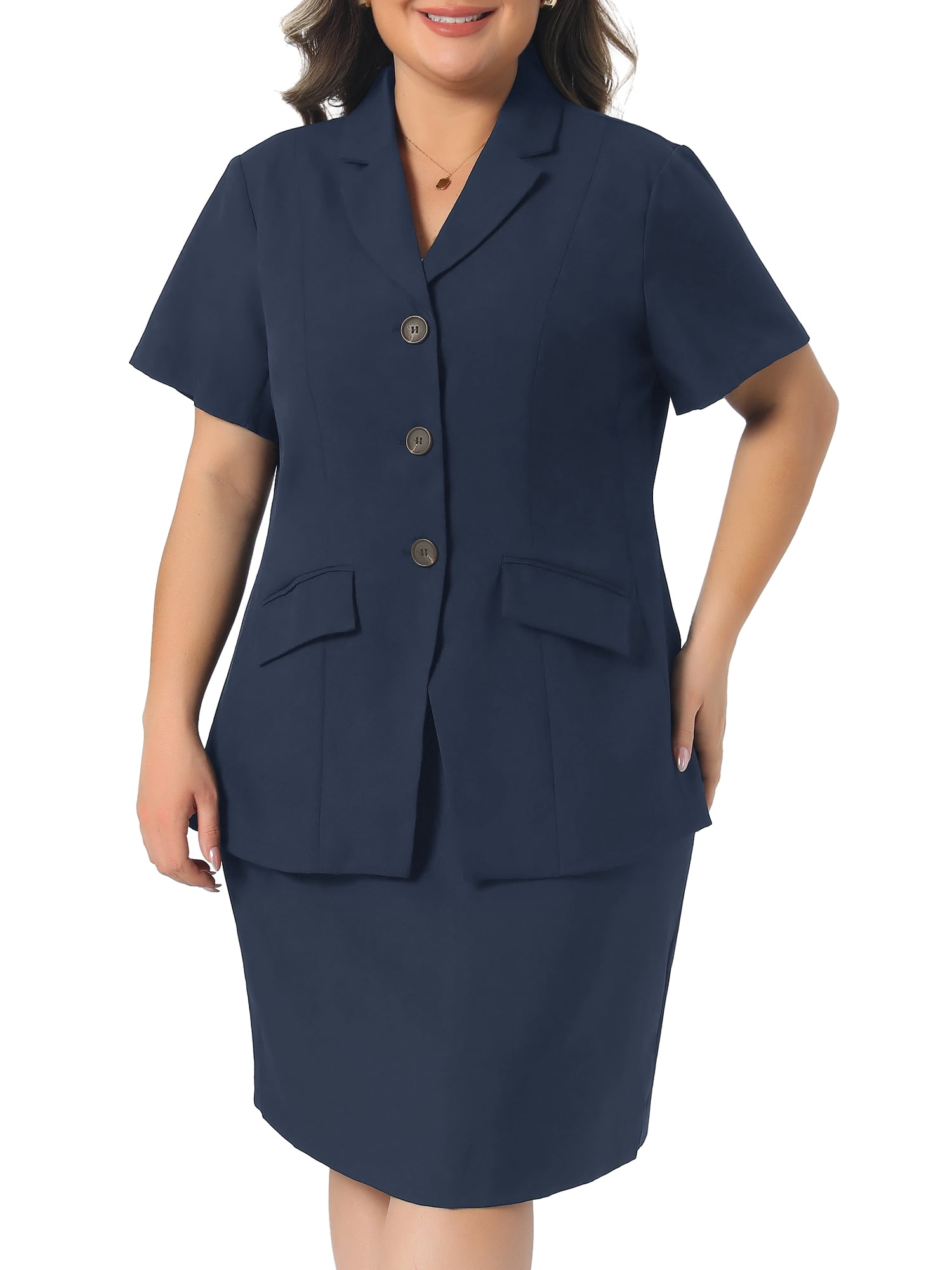 DARING DIVA Women's Plus 2 Piece Skirt Suit Set Formal Blazer Skirt 2X Navy Blue
