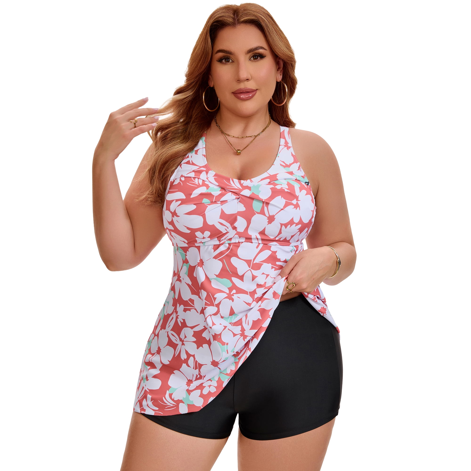 DARING DIVA Women's Plus 2 Piece Tankini Swimsuits V Neck Tops L Orange