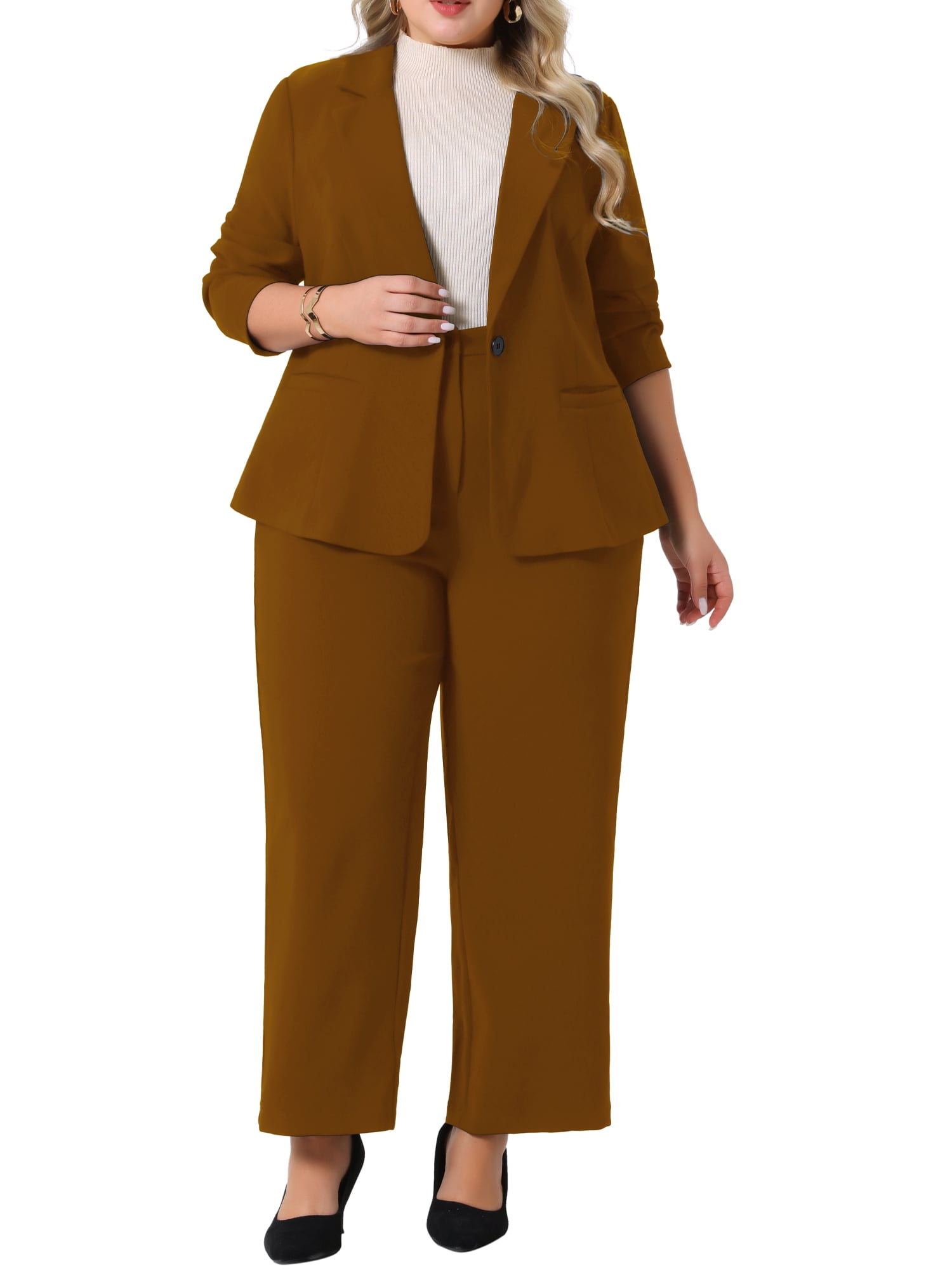 DARING DIVA Women's Plus 2 Pieces Business Office Blazer and Pants Suit Set 2X Brown