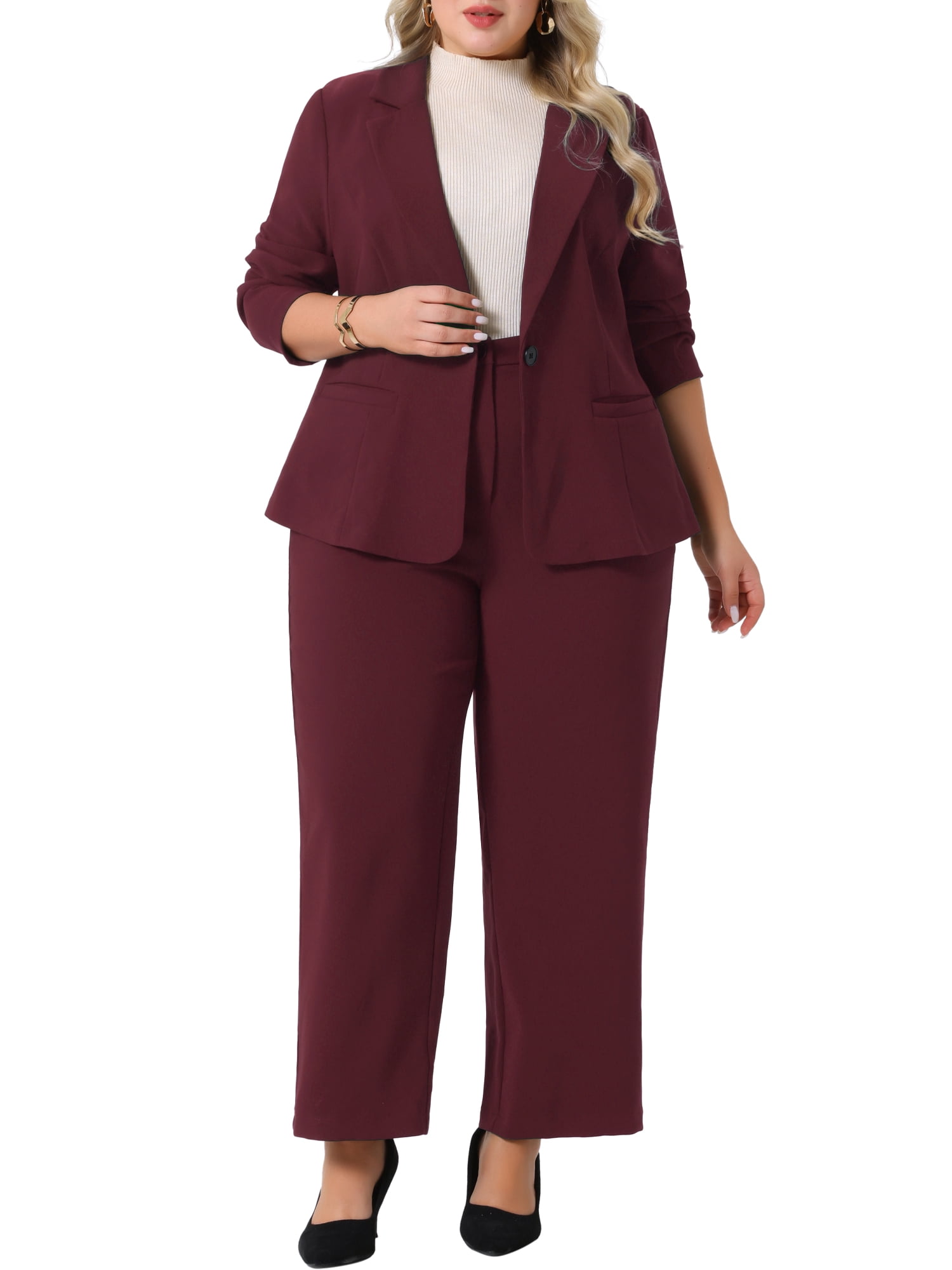 DARING DIVA Women's Plus 2 Pieces Business Office Blazer and Pants Suit Set 3X Burgundy