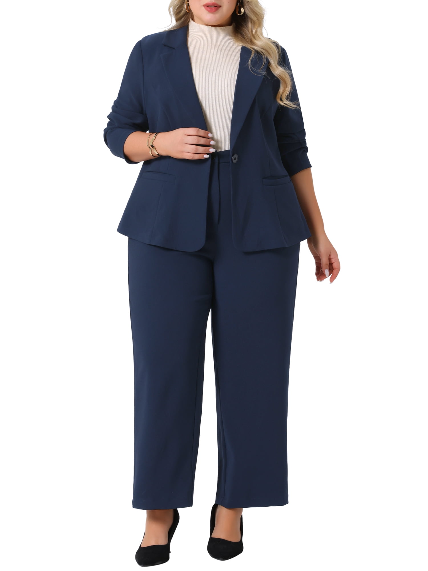 DARING DIVA Women's Plus 2 Pieces Business Office Blazer and Pants Suit Set 3X Dark Blue