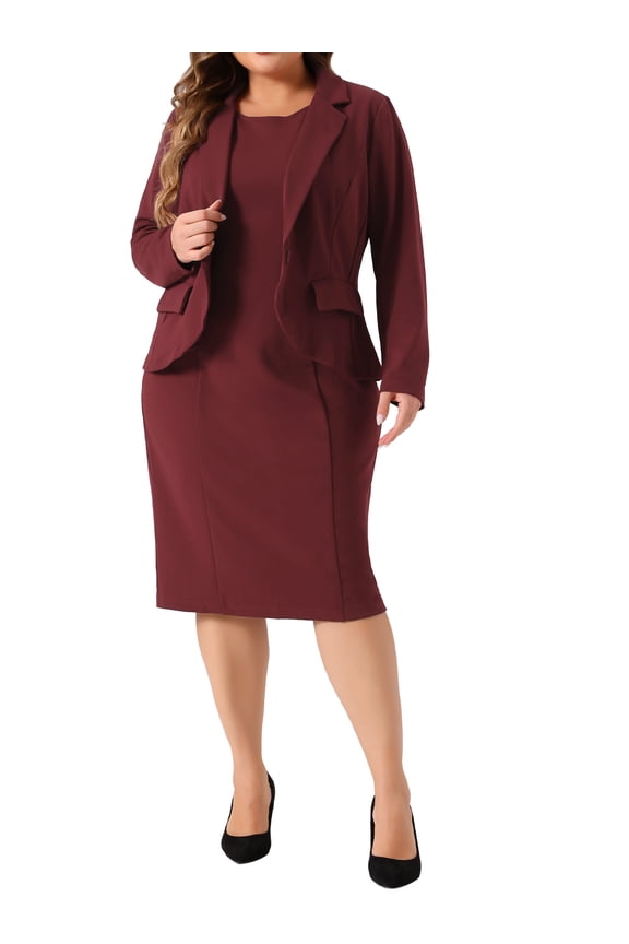 Women's Plus 2 Pieces Dress Suits Blazers and Sleeveless Dress Burgundy 4X