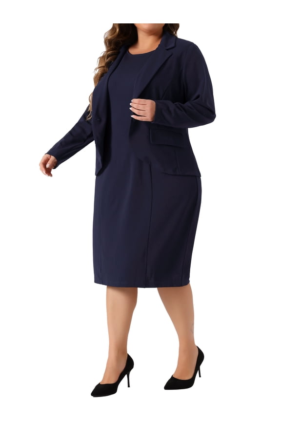 Women's Plus 2 Pieces Dress Suits Blazers and Sleeveless Dress Navy Blue 3X