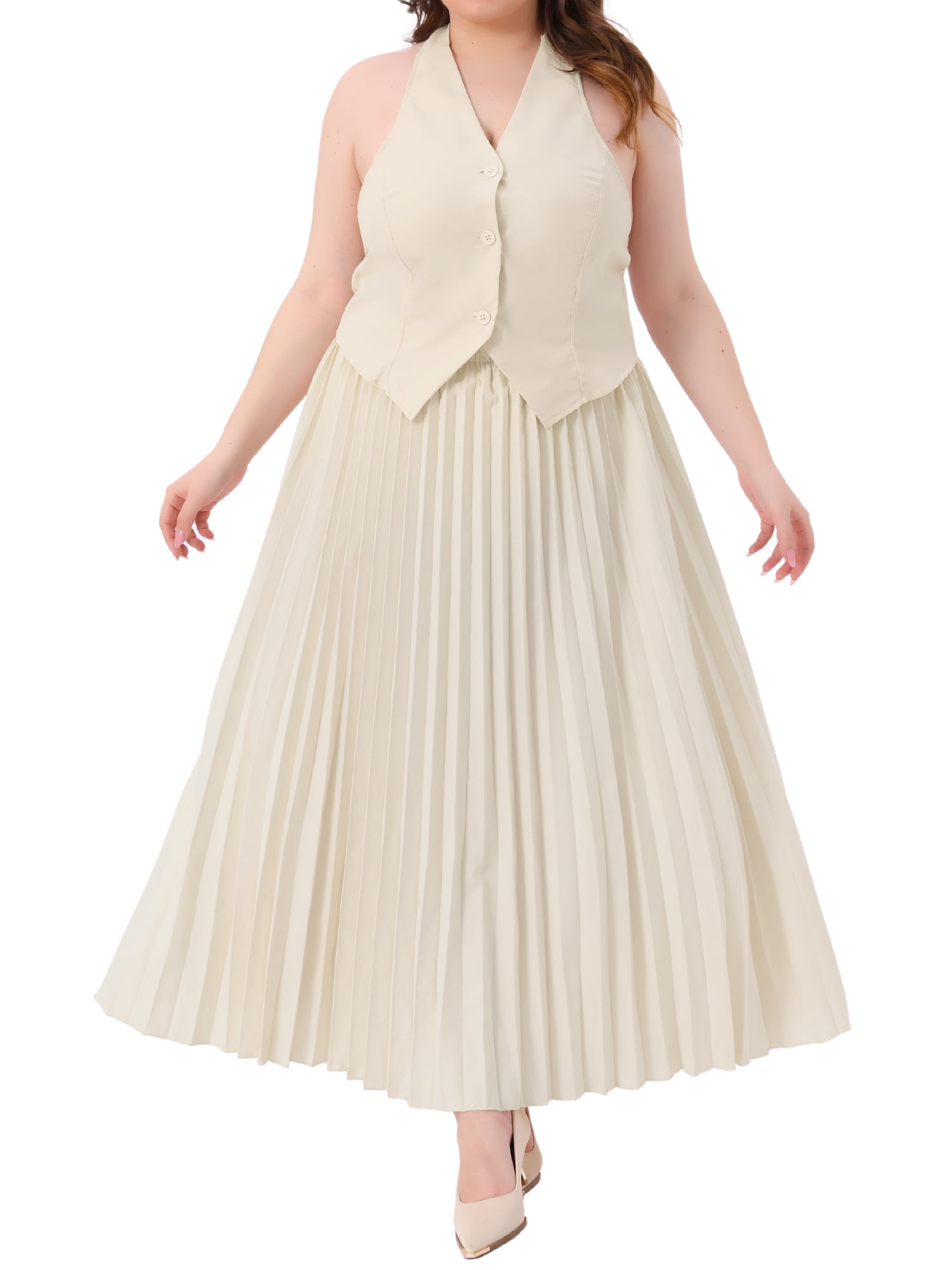DARING DIVA Women's Plus 2 Pieces Halter Top Pleated Maxi Skirt Set Beige 3X