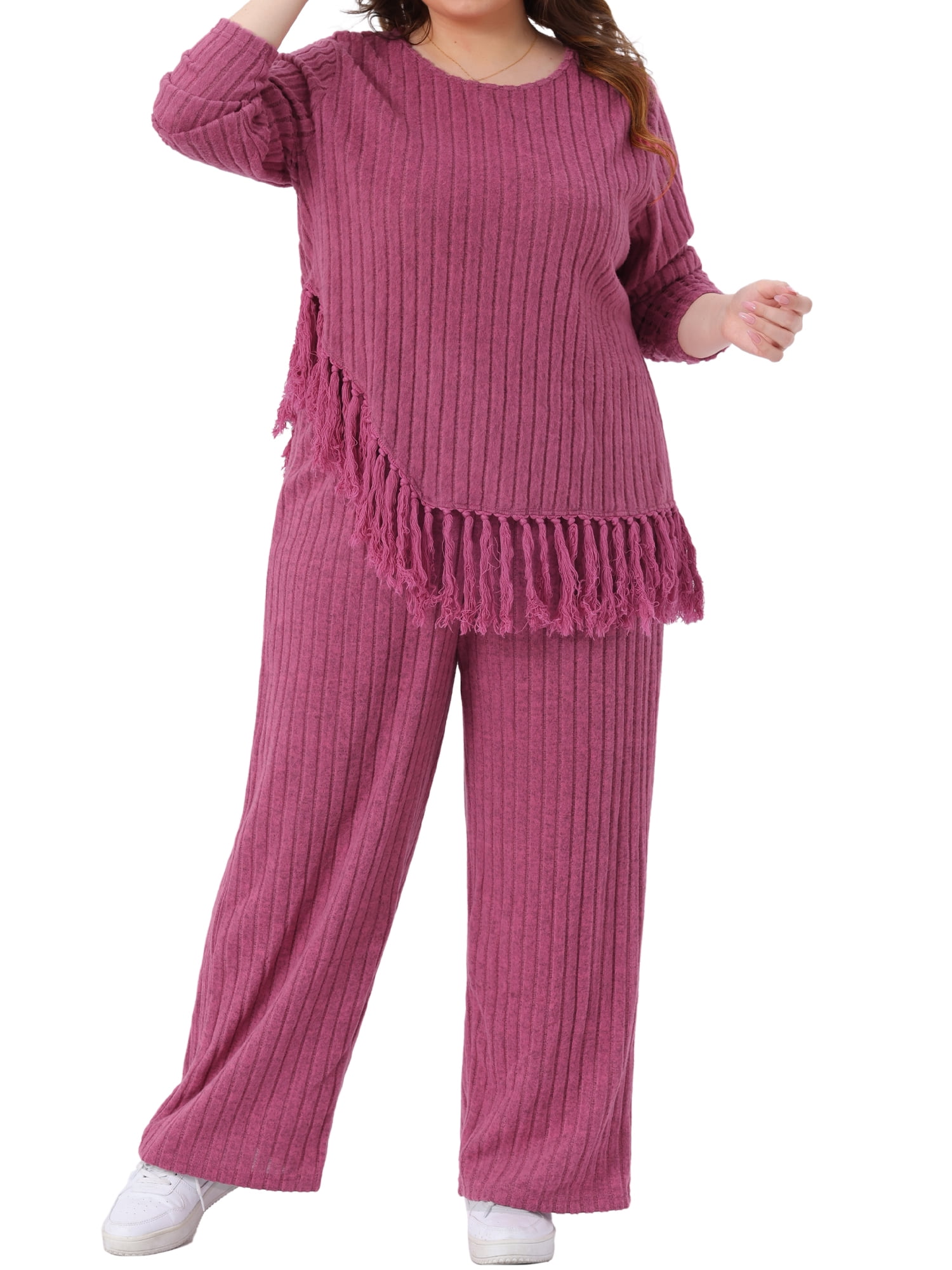 DARING DIVA Women's Plus 2 Pieces Lounge Set Crew Neck Long Sleeve Rose Red 2X