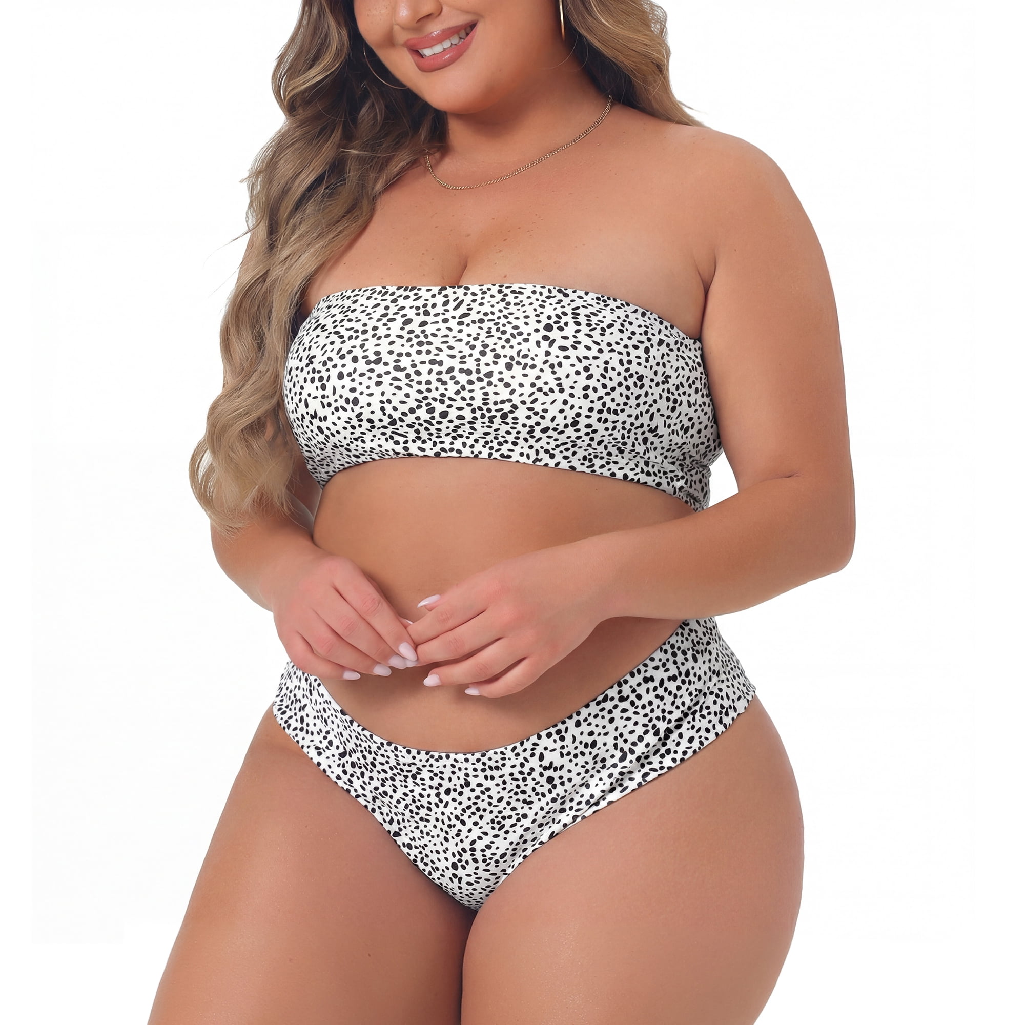 DARING DIVA Women's Plus 2pcs Bandeau Bikini High Waist Bathing Suit 1X White