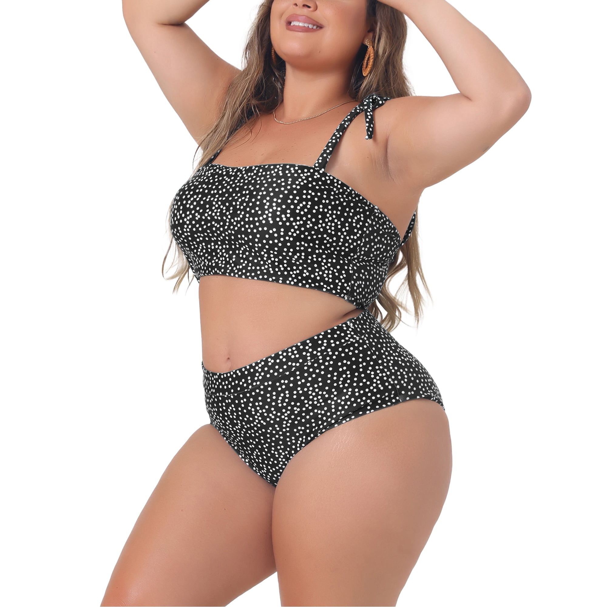 DARING DIVA Women's Plus 2pcs Polka Dots Bikini Bandeau Suits 3X Black