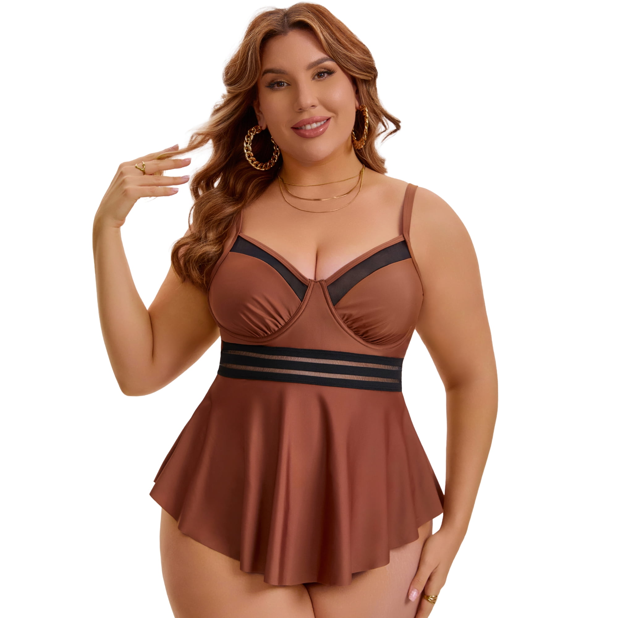 DARING DIVA Women's Plus 2pcs Swimsuit Tankini and Shorts Tummy Control 3X Coffee