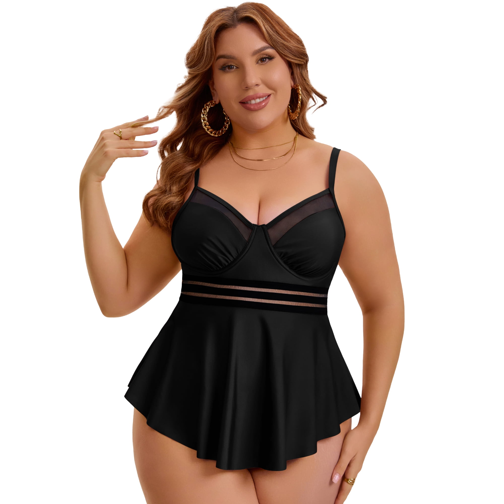 DARING DIVA Women's Plus 2pcs Swimsuit Tankini and Shorts Tummy Control 4X Black
