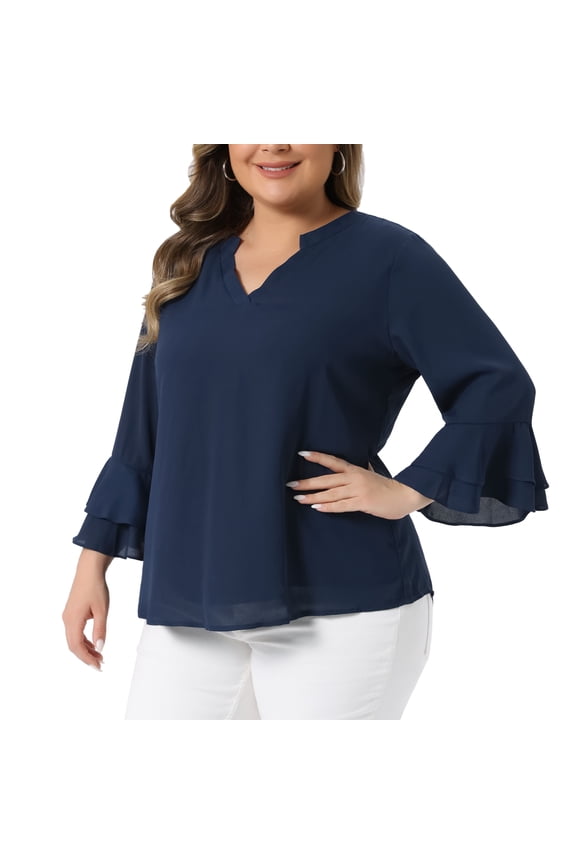 Women's Plus 3/4 Bell Sleeve Notch Chiffon Tunic Shirts 1X Navy Blue